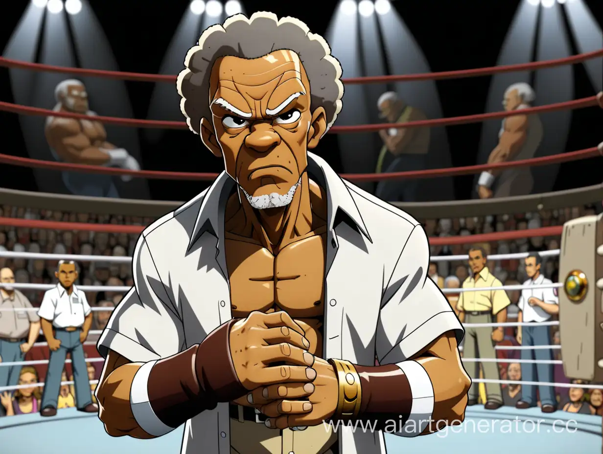 Granfather Robert Freeman from the cartoon The boondocks stands in the background of the ring
