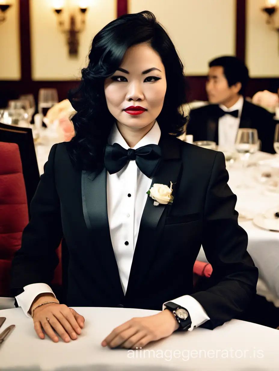 30 year old stern Vietnamese woman with shoulder length black hair and lipstick wearing a tuxedo with a black bow tie. (Her shirt cuffs have cufflinks). Her jacket has a corsage. She is at a dinner table.