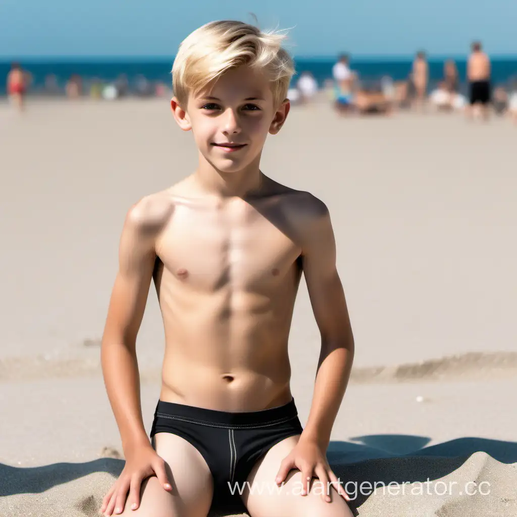 Симпатичный Одиннадцатилетний мальчик стройный с прессом гей блондин с короткими прямыми волосами в черных стрингах загорает на пляже