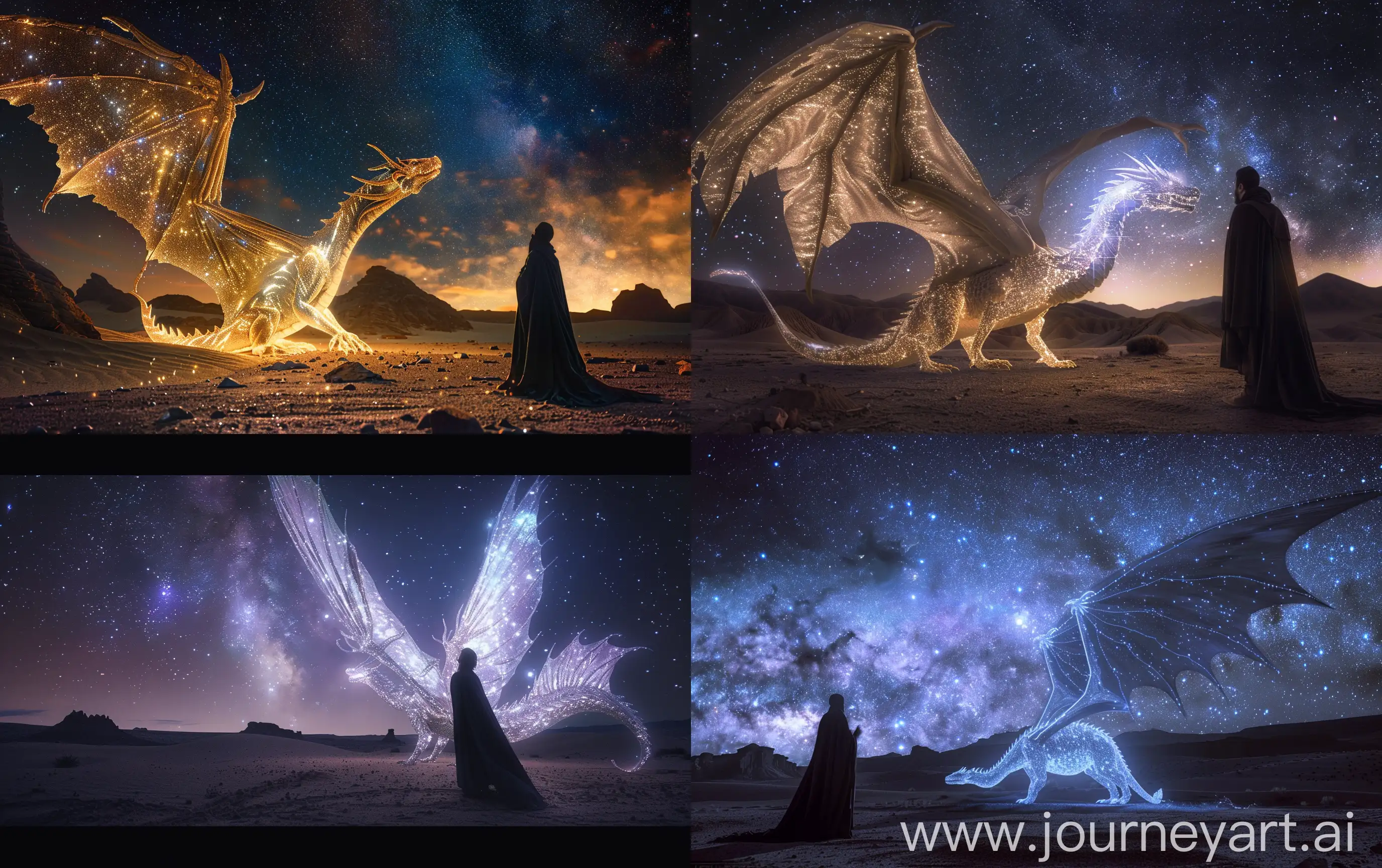 Enigmatic-Night-Encounter-Mystical-Dragon-and-Cloaked-Figure-in-Nebulalit-Desert