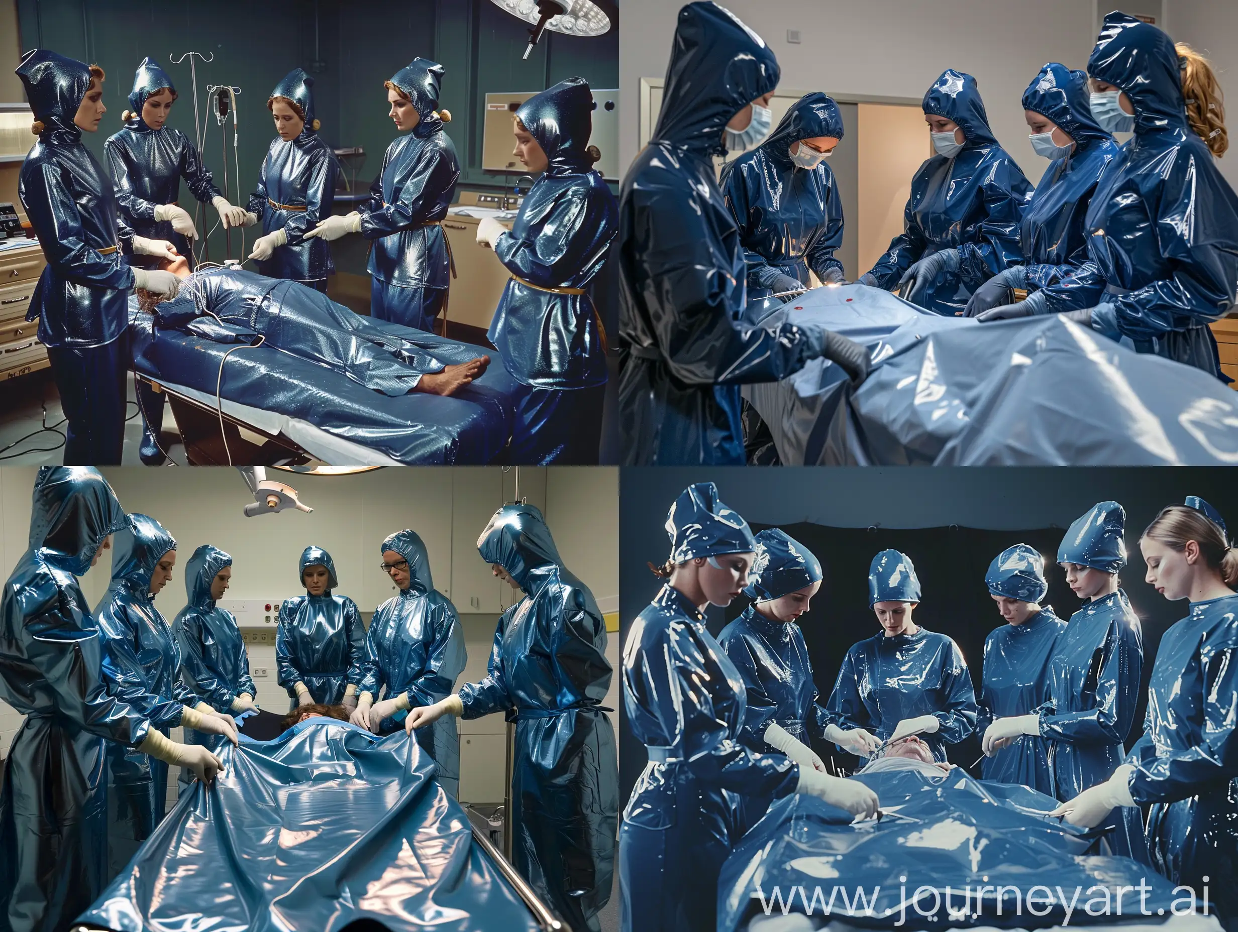 the picture shows operating theatre staff carrying out an operation on a patient on the operating table. all the nurses and doctors are female. In addition to their operating theatre clothes all staff are in addition wearing shiny glossy blue maxi latex rubber  mackintoshes, tightly belted and hooded, worn with the Mack hood in the raised position.