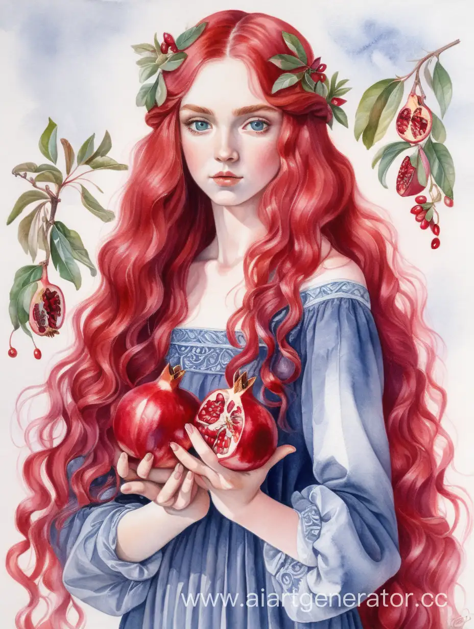 Ультра-детализация, мягкая акварель, яркая акварель, девушка славянская внешность, в длинном платье, длинные рыжие волосы, локоны, женщина, держит в руках гранат, красный гранат, вид спереди, фрукт гранат ягоды анфас вид спереди