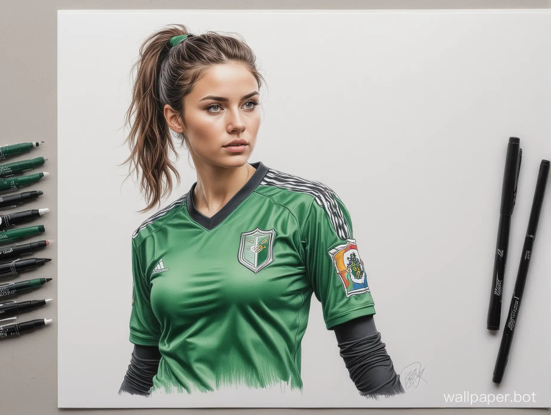 sketch of young Katarina Noyner hairstyle ladder 4th breast size narrow waist in black-green soccer uniform on white background highly realistic drawing with colored marker studio photo portrait UHDR