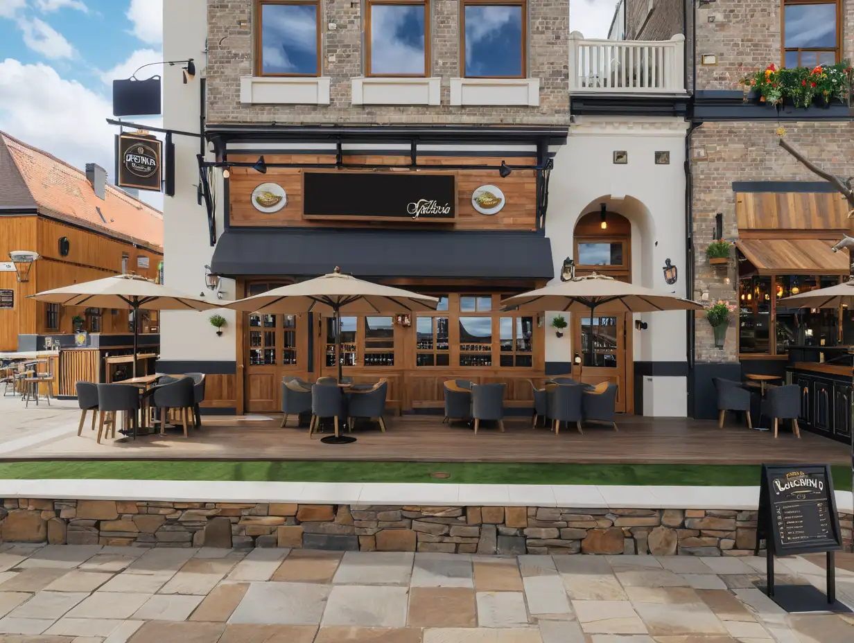 Use AI to digitally reimagine the exterior space of the building as a vibrant and inviting gastropub. Envision transforming the architectural elements of the building facade into features characteristic of a lively pub, such as rustic wooden accents, welcoming signage, and outdoor seating areas. Incorporate details like awnings, decorative lighting, and charming window displays to evoke the cozy atmosphere of a traditional gastropub.

Consider integrating elements that enhance the pub's ambiance, such as outdoor patio heaters, hanging flower baskets, and subtle signage indicating the pub's name and offerings. Additionally, infuse the scene with elements of warmth and hospitality, such as inviting entryways, friendly seating arrangements, and decorative touches that create a sense of community.

Ultimately, aim to create a captivating digital rendering that transports viewers to a bustling gastropub environment, inviting them to envision themselves enjoying good food, drinks, and company within this transformed space