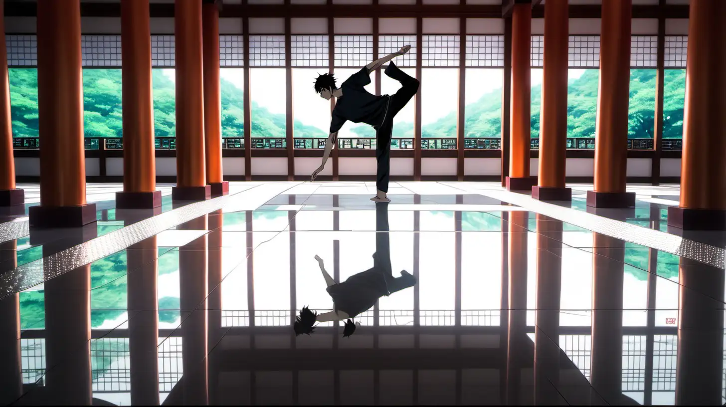 a man stretching on reflective floor inside a temple, anime style