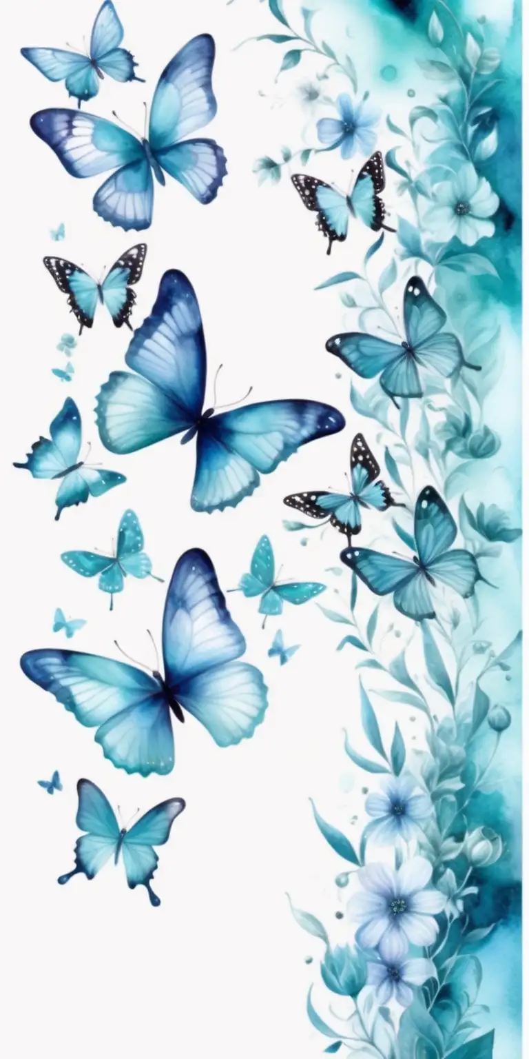 en bård med fjärilar i turkosa färger ,vattenfärg







