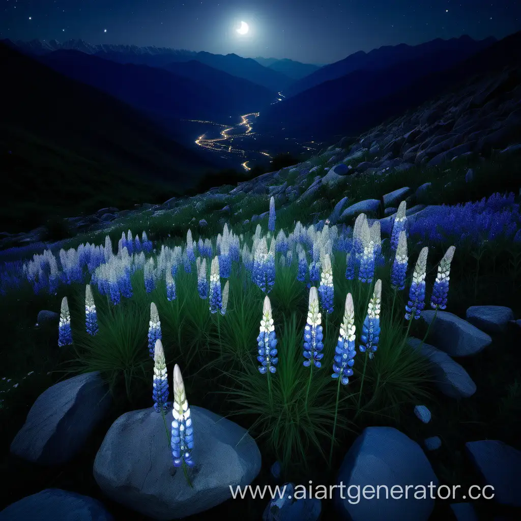 Mystical-Mountain-Valley-with-Lupin-Flowers-and-Crescent-Moon-at-Night