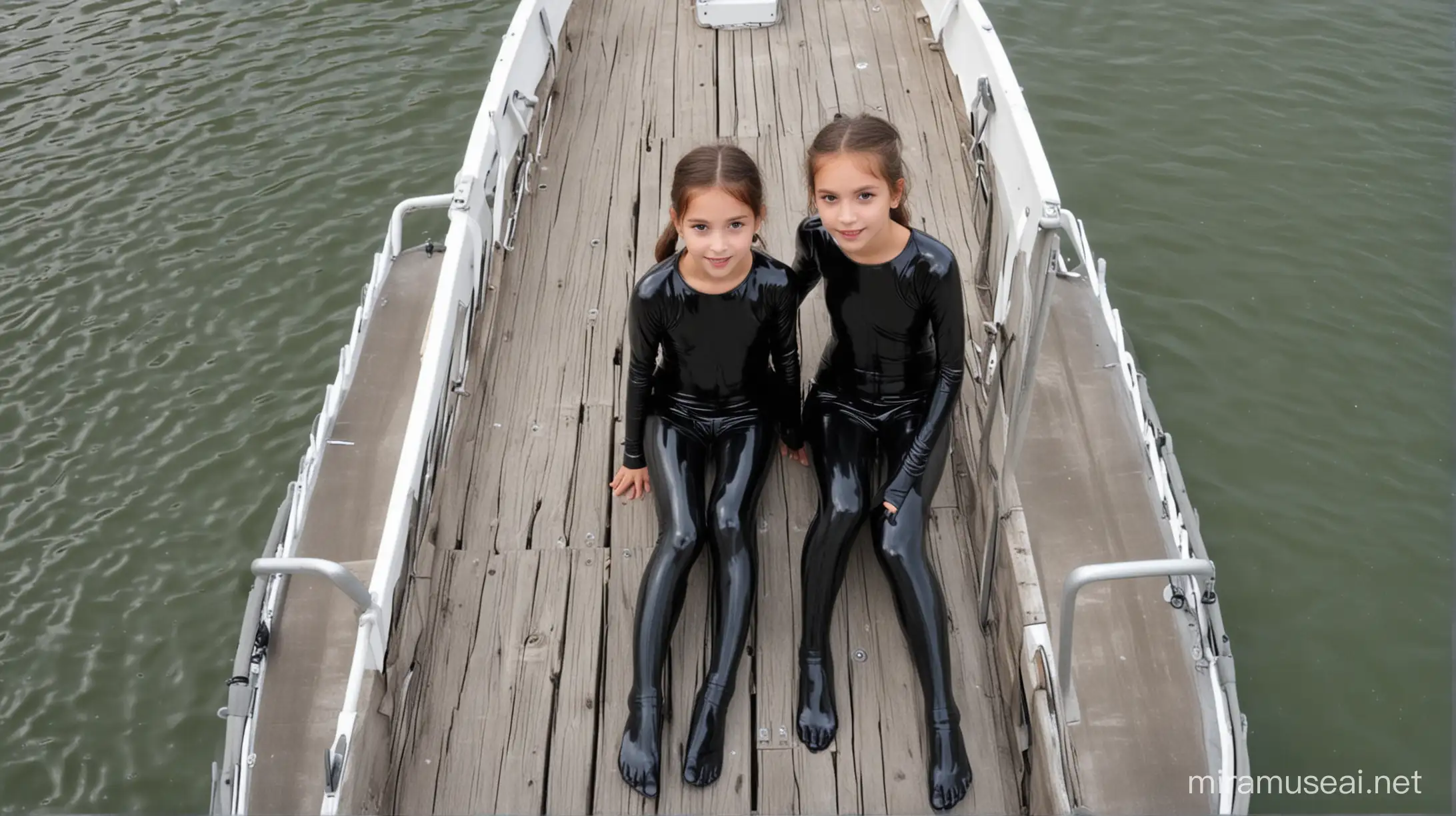 Adorable Little Girl in Shiny Black Zentai Pantyhose with Beautiful Legs on a Motorboat