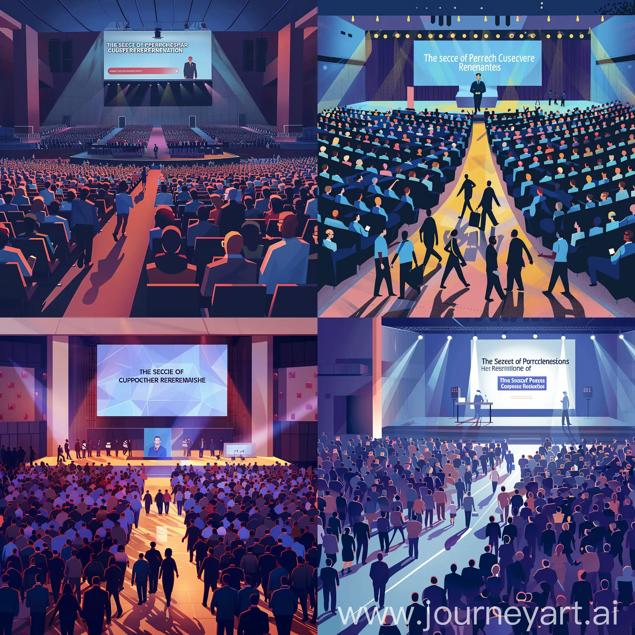 Please create a picture with a big conference hall, where 600 People are heading to the exit, in the background is a stage with one male person and a big screen where poeple can read "Das Geheimnis einer perfekten Kundenbeziehung"