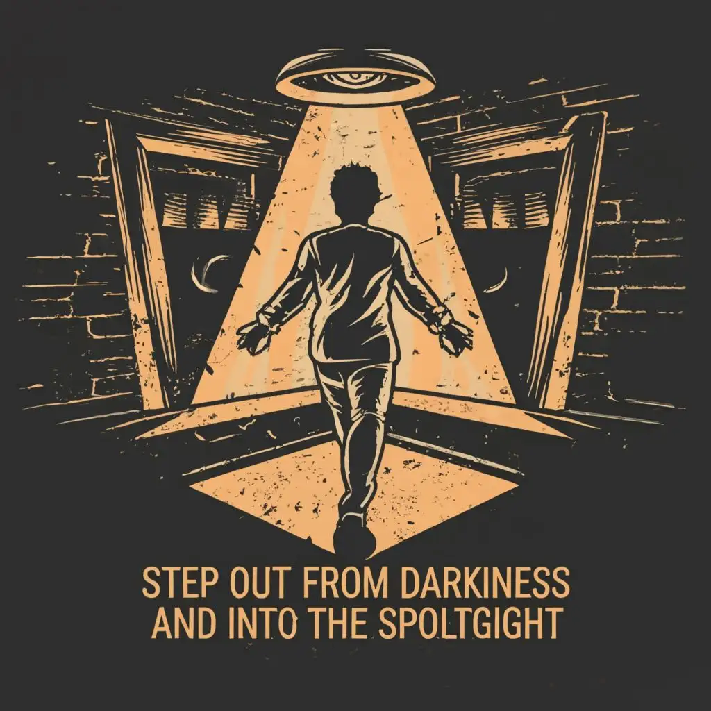 logo, One person stepping into the spotlight., with the text "Step out from the darkness and into the spotlight.", typography