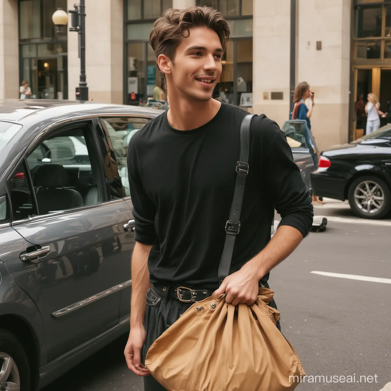 A young attractive male singer getting out of his car. He is wearing oversized pants. he has paparazzis around him, he is holding a bag.