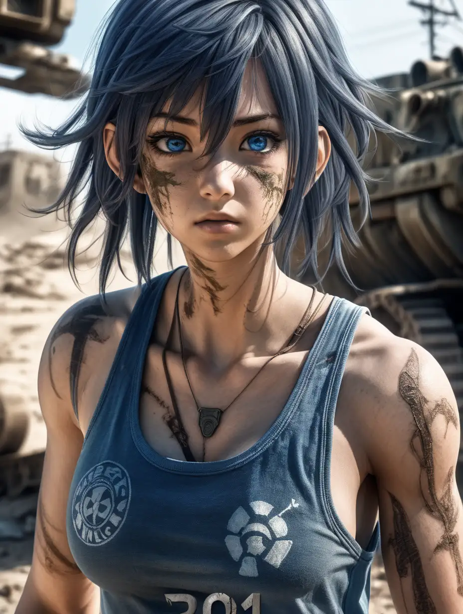 (cinematic lighting), In a nuclear post-apocalyptic world, a beautiful resilient anime girl dons a worn blue khaki tank top, perfect breast, revealing battle scars and determination, as she faces the challenges of survival with a blend of strength and grace, half body photo, angle from below, intricate details, detailed face, detailed eyes, hyper realistic photography, --v 5, unreal engine