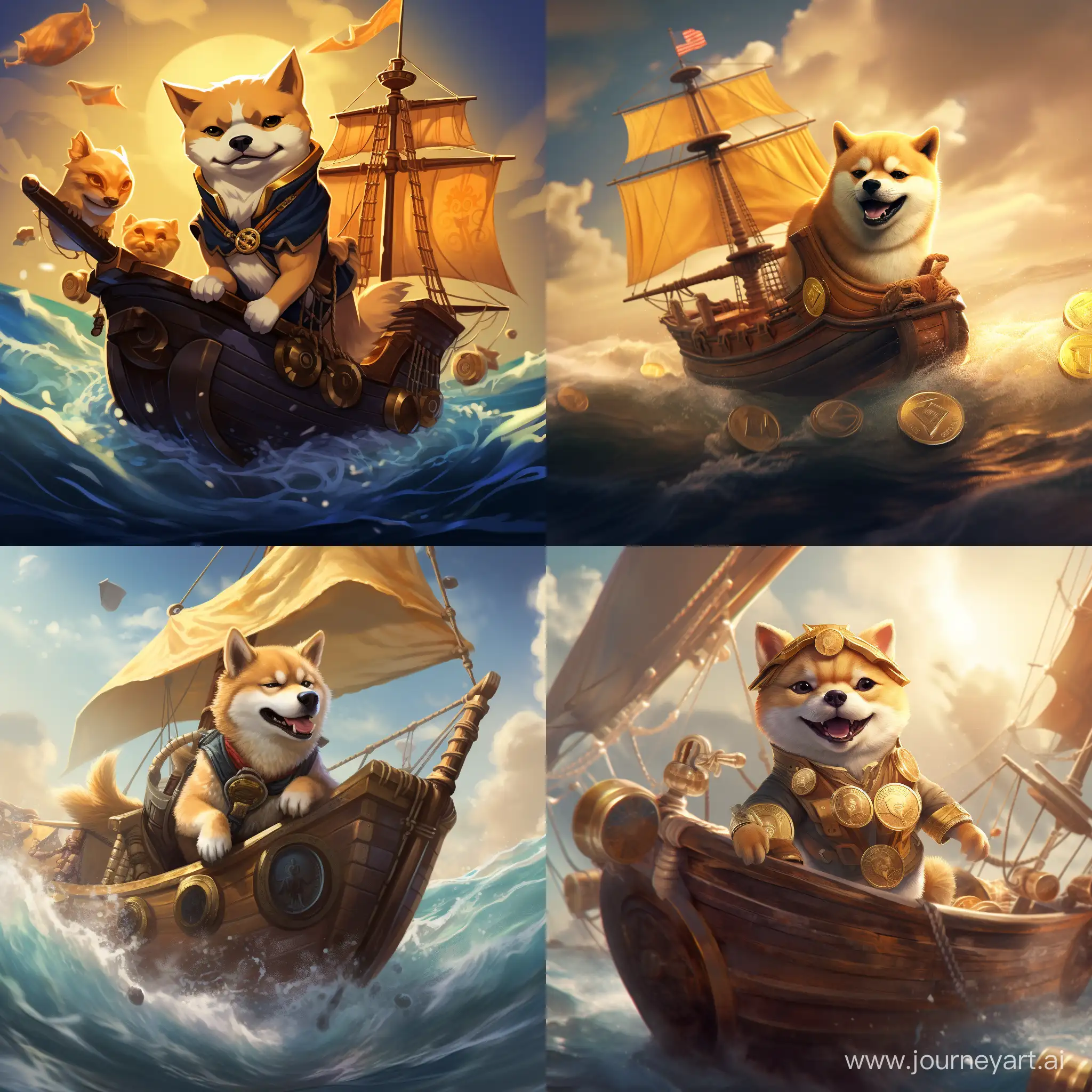 Generate me doge coin character as a pirate sailing the seas and battling with shiba to grab the golden bitcoin
