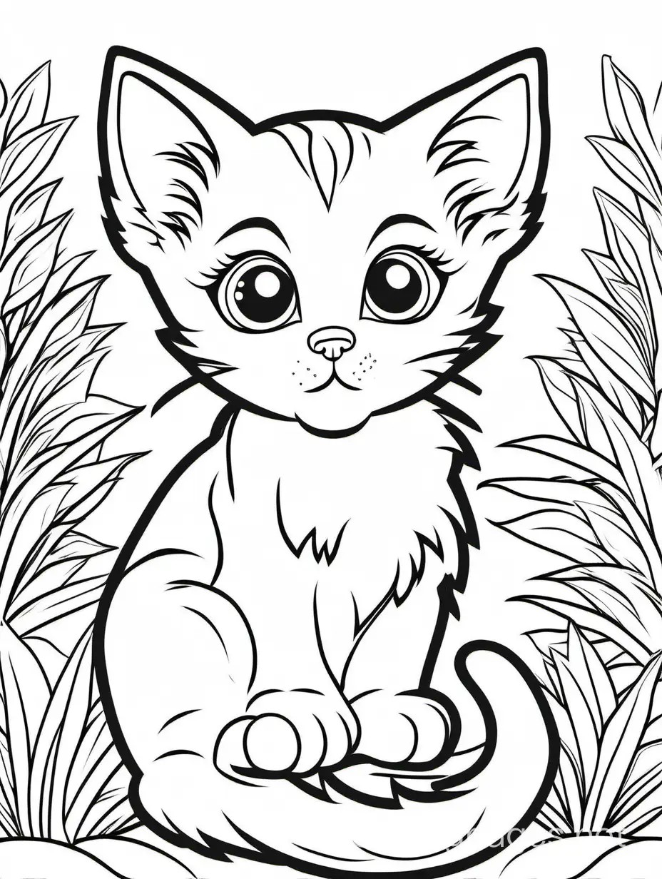  doe eyed kitten, isolated, simple, kids Coloring Page, black and white, line art, white background, Ample White Space, thick outlines, the outlines of all the subjects are easy to distinguish, making it simple for children to color without too much difficulty.
, Coloring Page, black and white, line art, white background, Simplicity, Ample White Space. The background of the coloring page is plain white to make it easy for young children to color within the lines. The outlines of all the subjects are easy to distinguish, making it simple for kids to color without too much difficulty