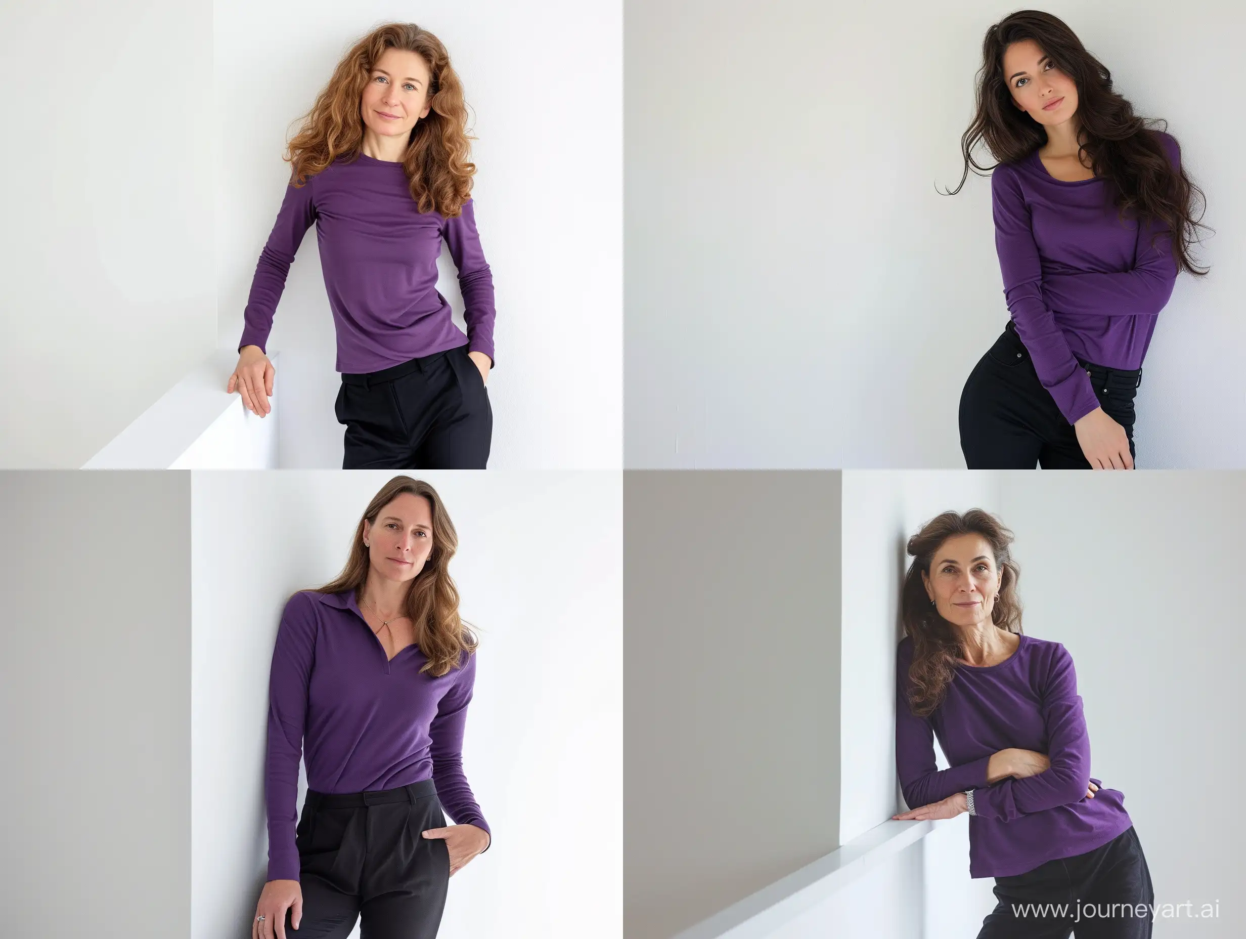 Confident-Women-in-Stylish-Purple-Attire-Leaning-on-White-Wall-Portrait