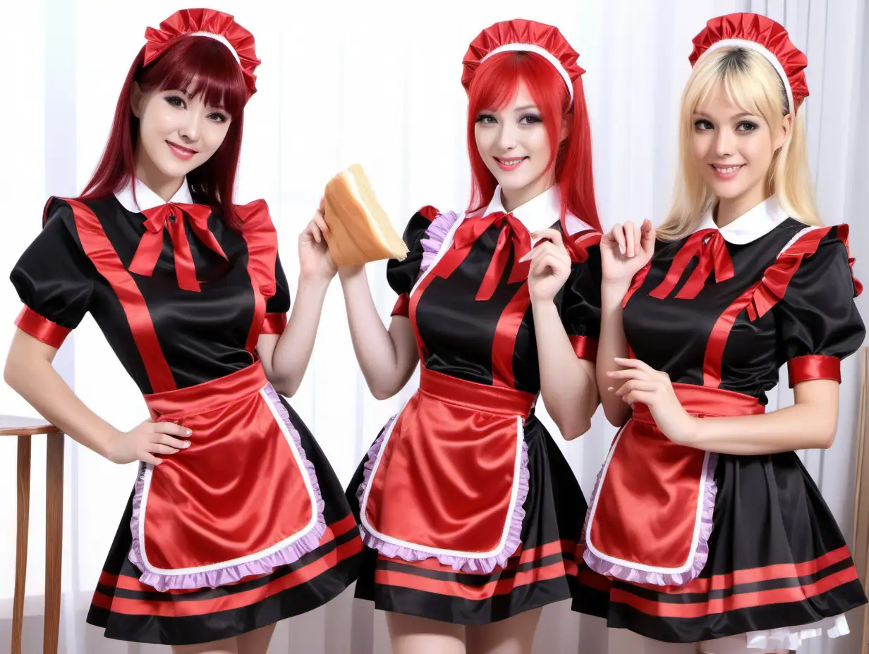girls in long crystal satin retro maid red lilac black stripe uniforms and milf mothers long blonde and red hair,black hair