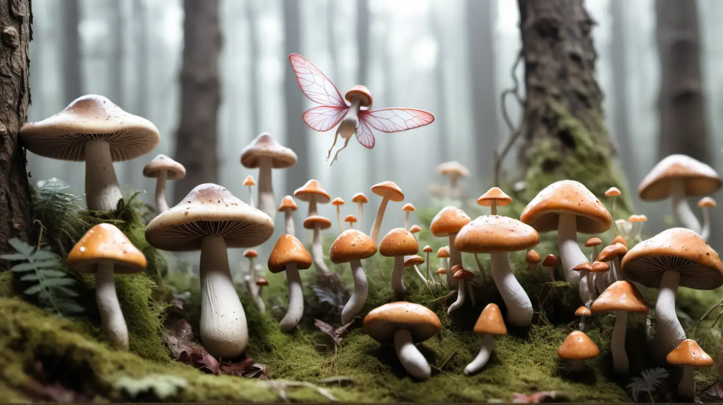 Enchanting Forest Scene with Realistic Thin Mushrooms and Flying Fairies