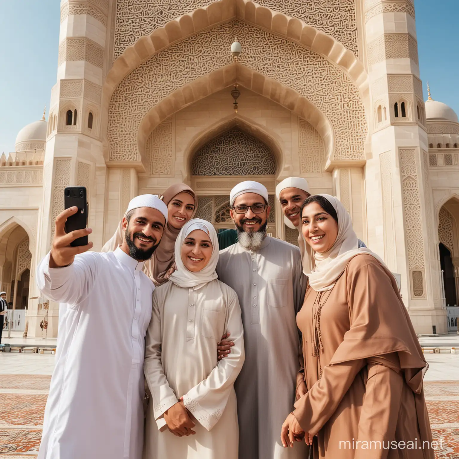 A Muslim family consisting of father, mother and three sons, taking selfies with a mosque as a background, the atmosphere of Eid al-Fitr, happy
