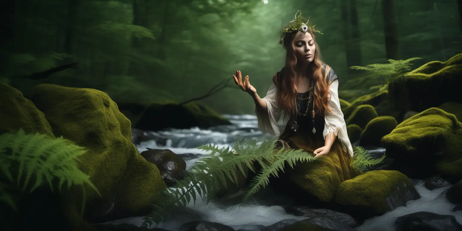 a folklore beautiful sorceress  , in  Norway in ancient 
forest with stones  in the river.  she iis touching ferns & moths 