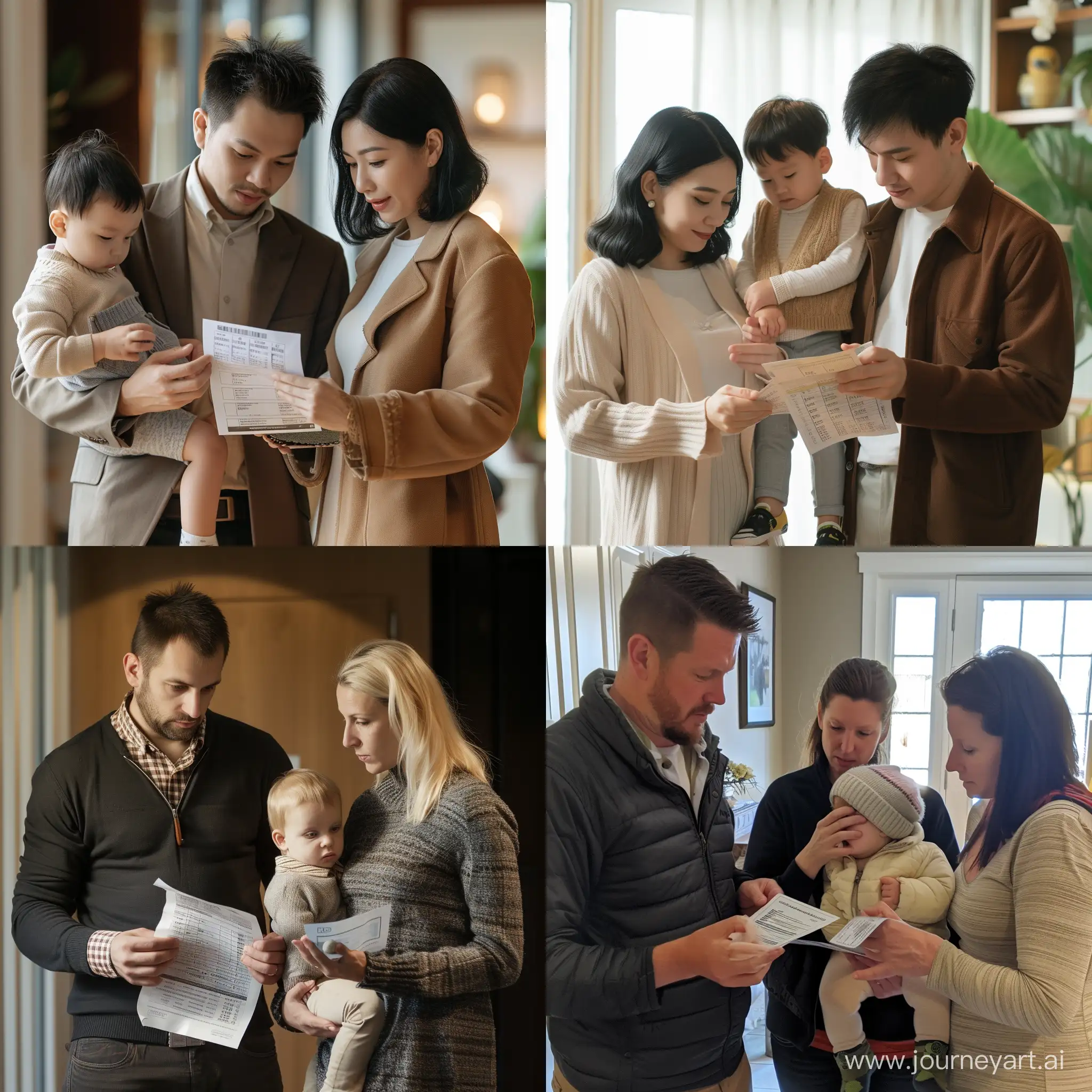 a photo of a husband showing a bank statement, his wife stands next to him with a small child in her arms