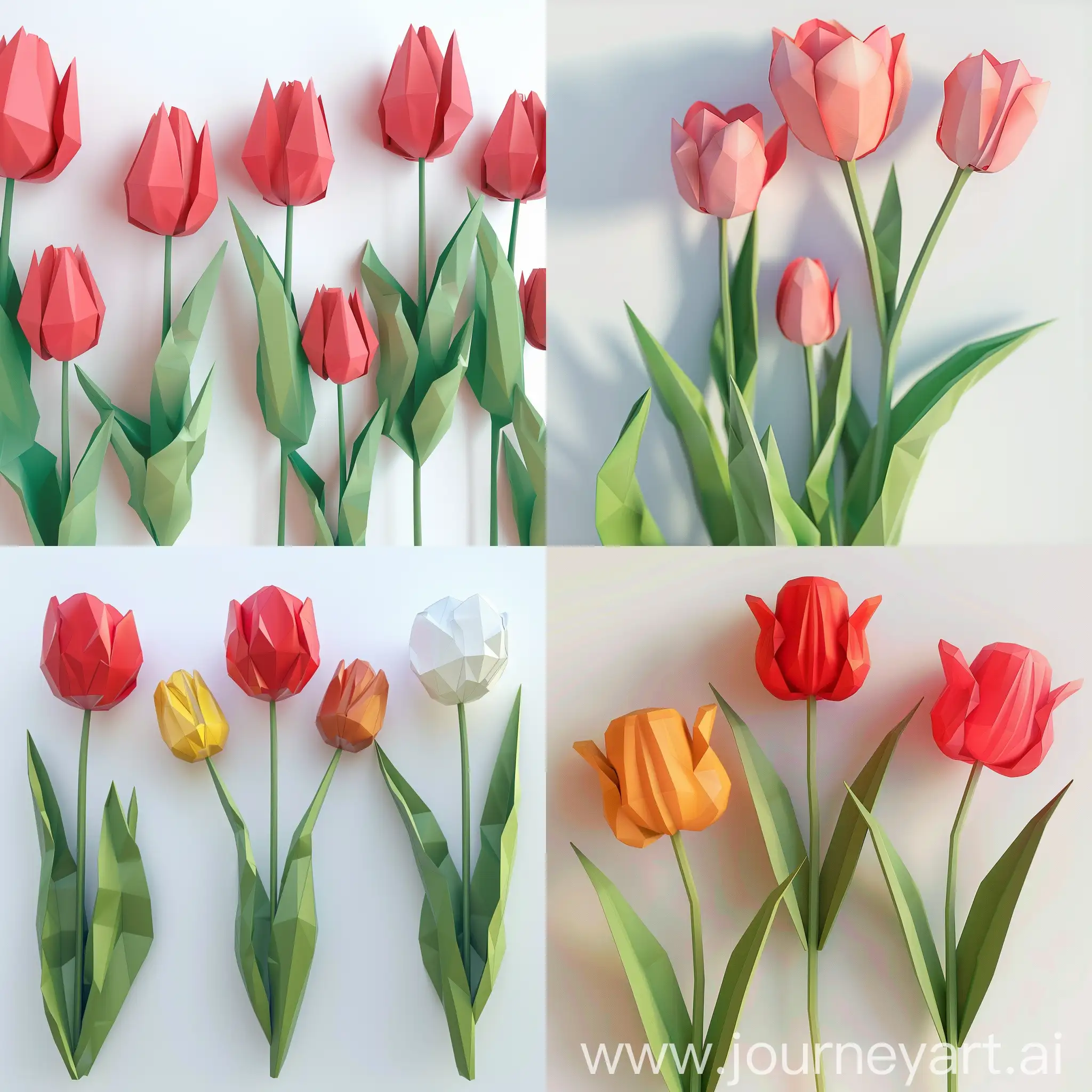 3d tulips on a white background, soft texture, low poly
