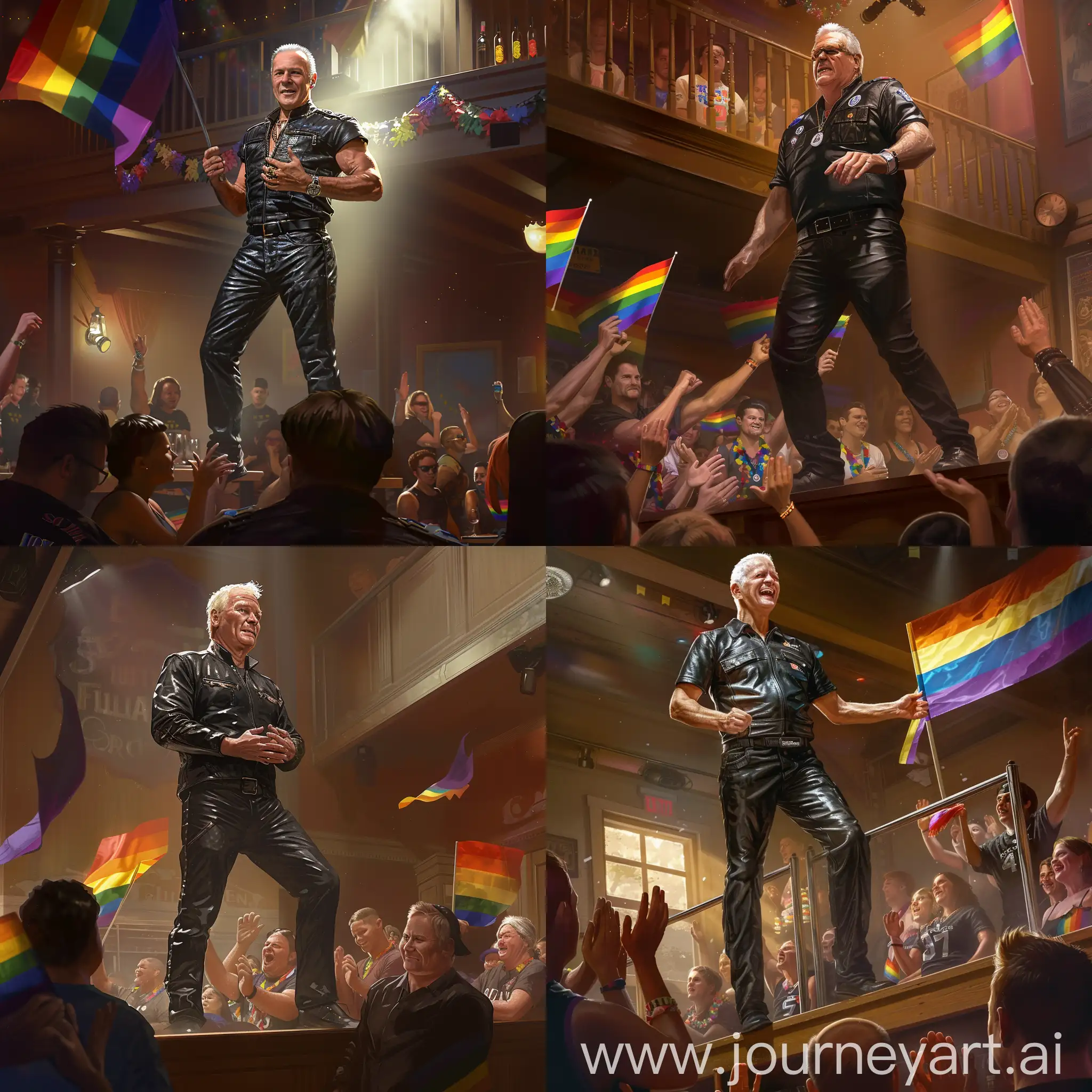 Subject: Former University of Tennessee Head Football Coach Phil Fulmer, depicted in a creative representation. He's dressed in a black leather biker outfit, standing on a stage with his hands on his knees, exuding confidence and readiness to engage with the crowd below.Setting: The setting is an indoor pride restaurant/bar with a vibrant atmosphere. The scene captures a moment of celebration, with patrons seated below the stage, actively clapping their hands, cheering, and waving pride flags. The environment is filled with signs of pride, including colorful decorations and thematic elements that reflect the inclusive and joyful spirit of the community.Composition: The composition is a medium shot that frames Phil Fulmer prominently on the stage, allowing viewers to see his attire and posture clearly while also including the enthusiastic audience below. This perspective highlights the interaction between Fulmer and the patrons, showcasing a moment of connection and celebration.Lighting: The lighting mimics that of a classy theater performance, with dim, focused lighting that illuminates Fulmer on stage and casts soft shadows around him. The subtle yet impactful lighting adds drama and focus to the scene, emphasizing the emotional and celebratory tone of the moment.Additional Info: The atmosphere is electric with excitement, and the air is filled with the sound of applause and cheers. The pride flags waved by the patrons add a splash of color to the otherwise dimly lit environment, creating a contrast that symbolizes the vibrancy and resilience of the pride community. The scene captures a timeless moment of unity, celebration, and pride.