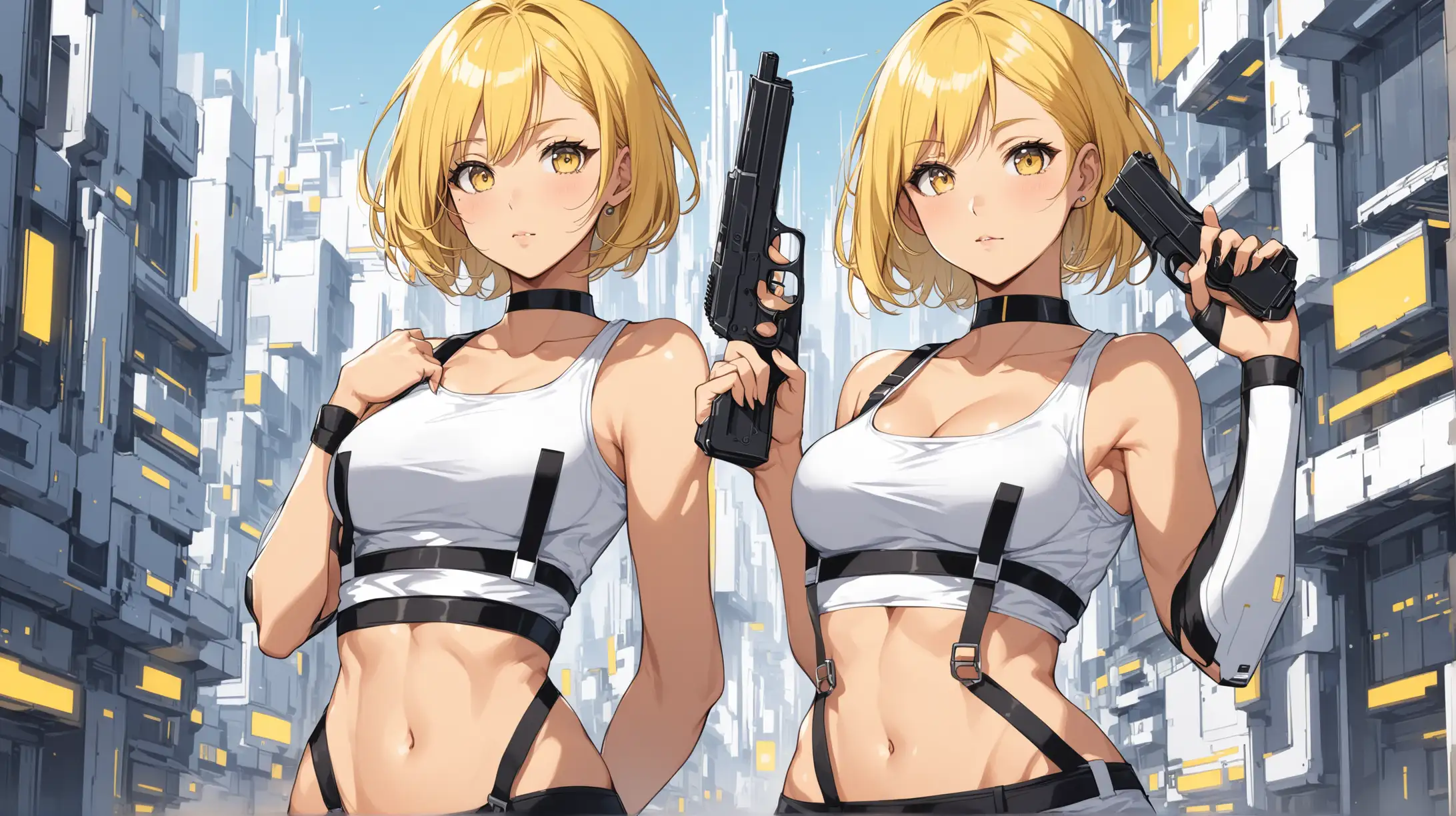 sexy fit 24 year old hero girl, short chin length yellow hair, holding handguns in futuristic town, toned body, short white tank top, sexy midriff, wearing suspenders, yellow black white 3 color minimal design