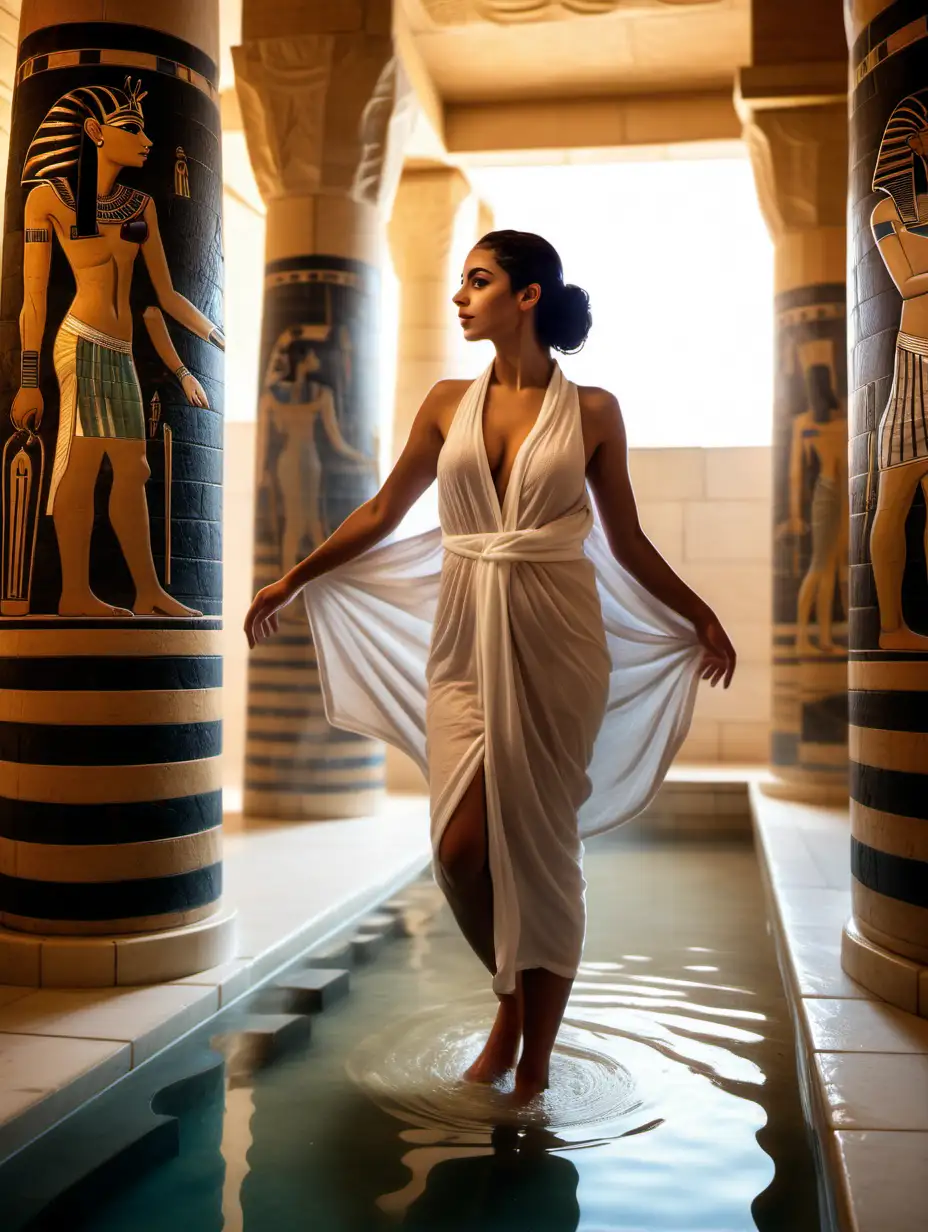 beautiful Egyptian woman, taking off robe, stepping into bath, large bathhouse, ancient, luxurious