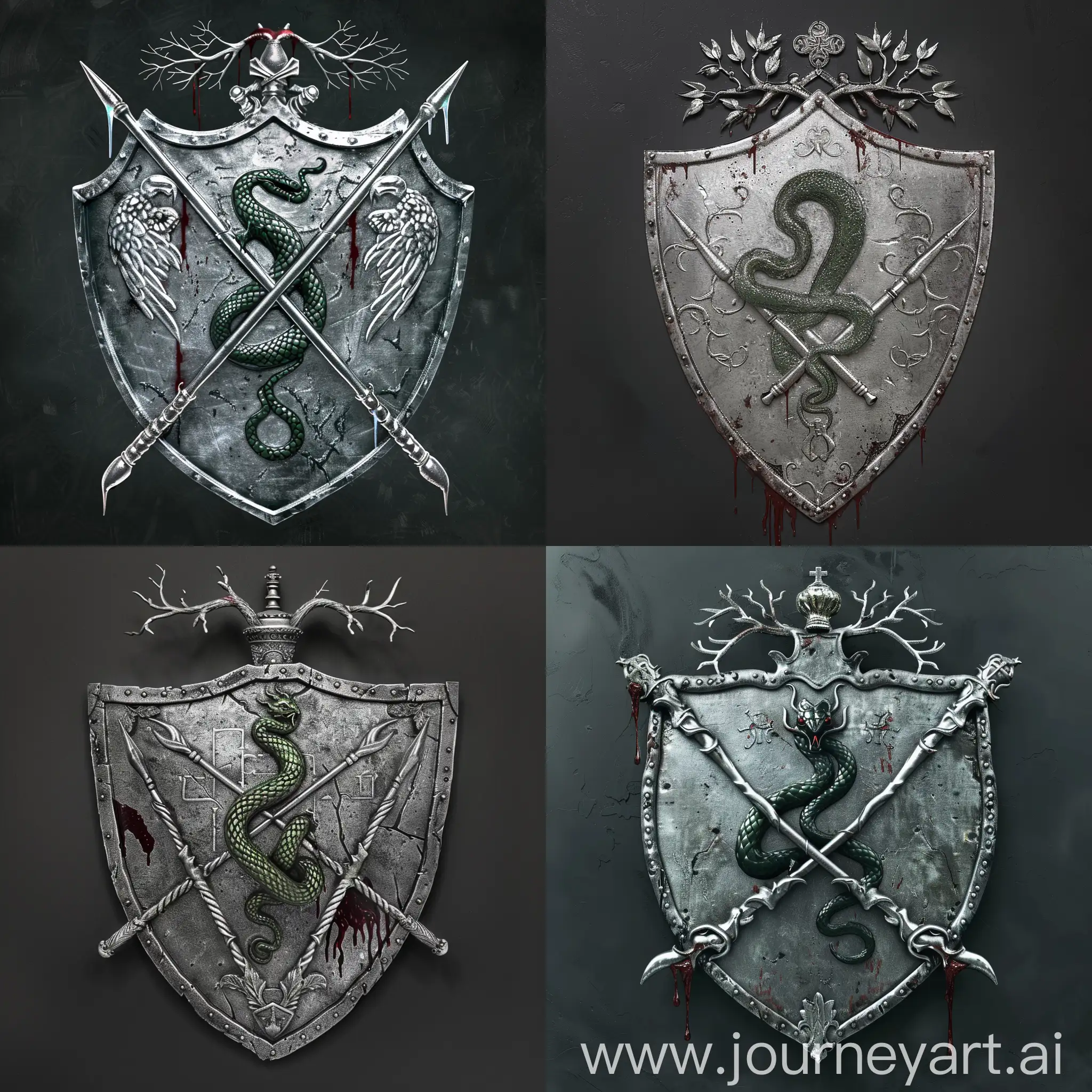 coat of arms on the shield, silver, two crossed magic wands, an emerald serpent in the center, elder branches at the top, blood dripping from the shield