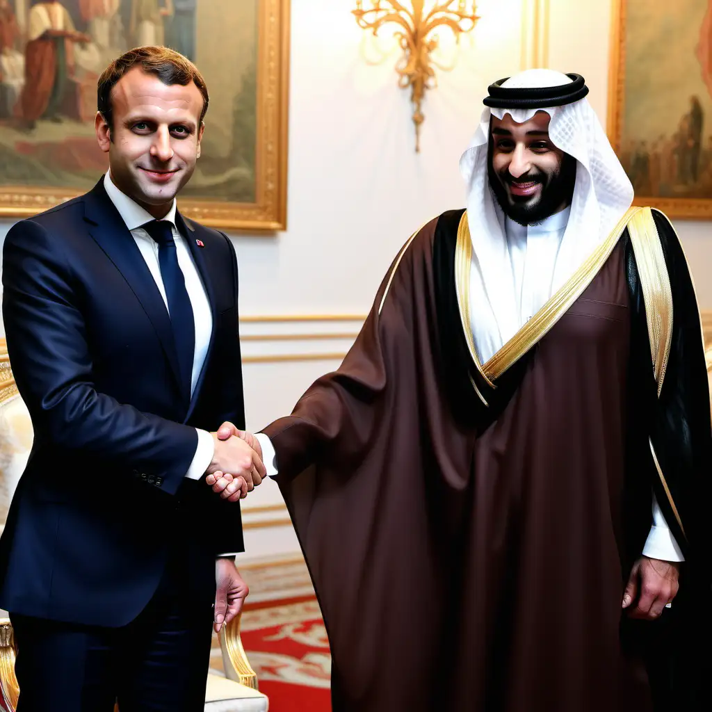 macron shaking hands with mohammed bin salman as the devil