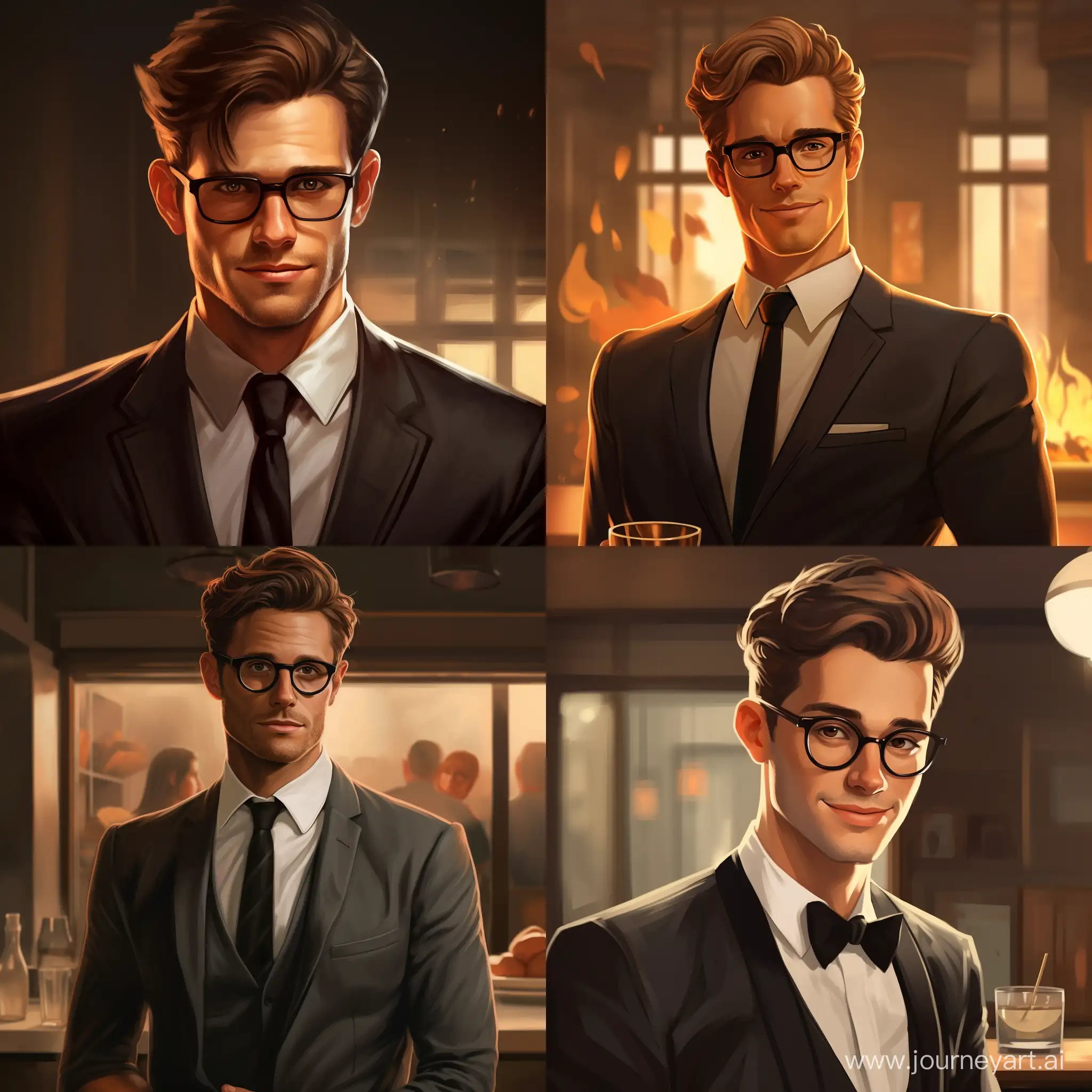 short haircut, strong charming handsome man, evil grin, elegant young scientist, elite, style, young businessman, tall, 25 years old, business suit, glasses, realism, character design, Zack Snyder style, expensive restaurant, evening