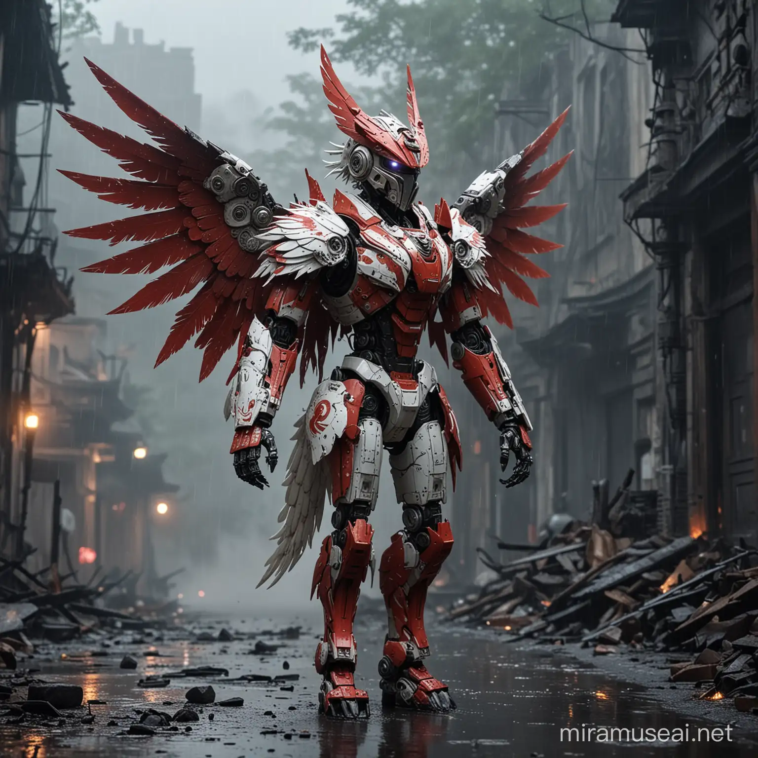 Dynamic Red and White Winged Garuda Robot Walking Amidst Rain and Ruins