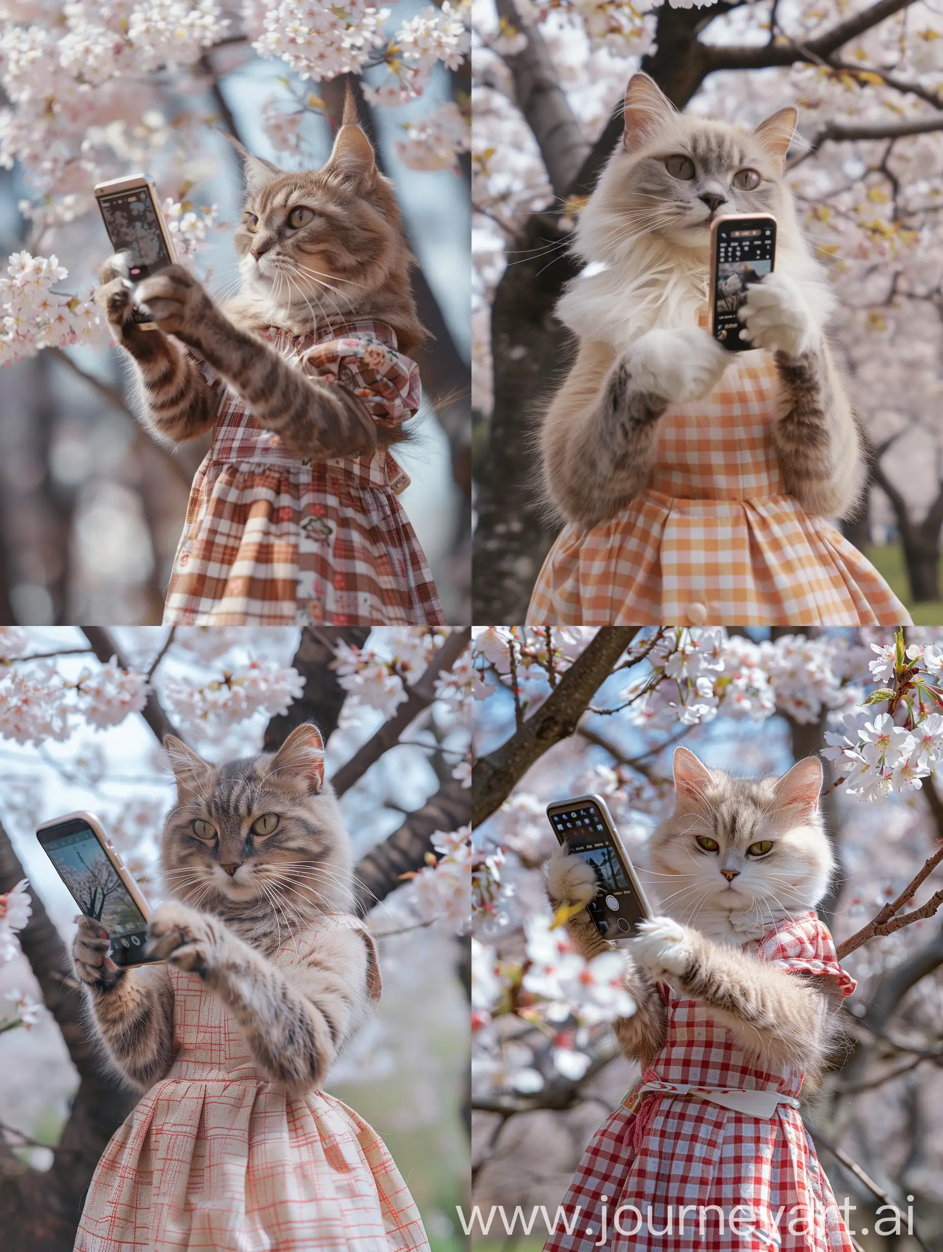 一只真实的猫咪穿着连衣裙，手里拿着手机在拍樱花树