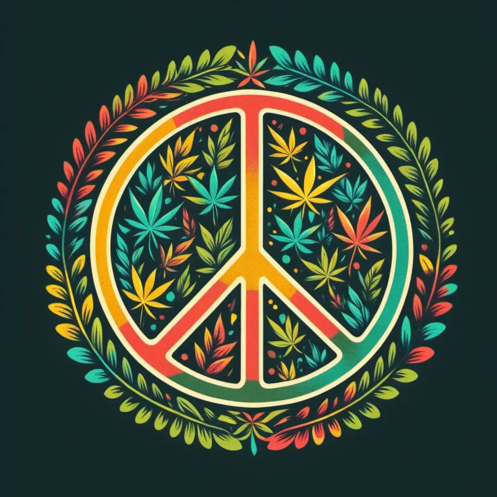 Vintage Retro Peace Sign TShirt with Bold Colors and Weed Leaf
