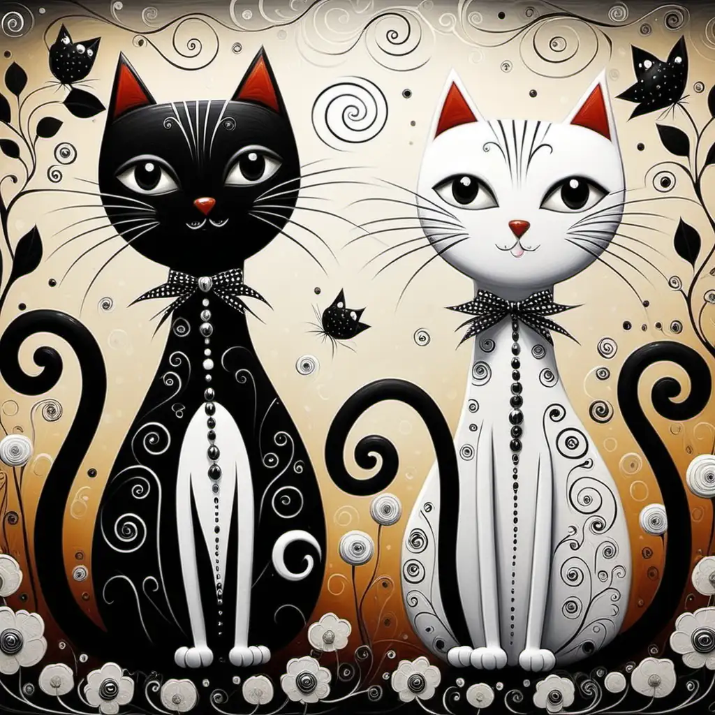 Whimsical art, black and white cats