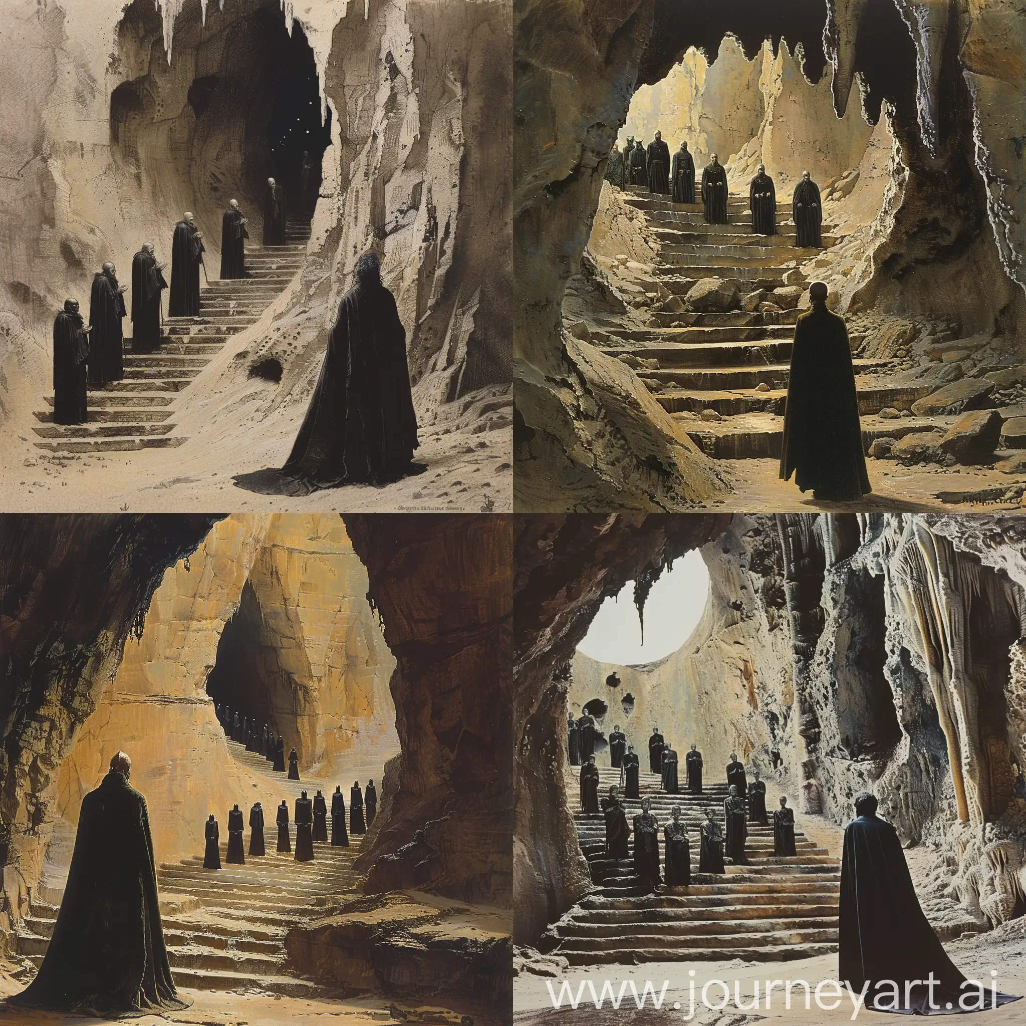 Mysterious-Men-in-Black-Robes-at-Cavern-Entrance-with-Staircase