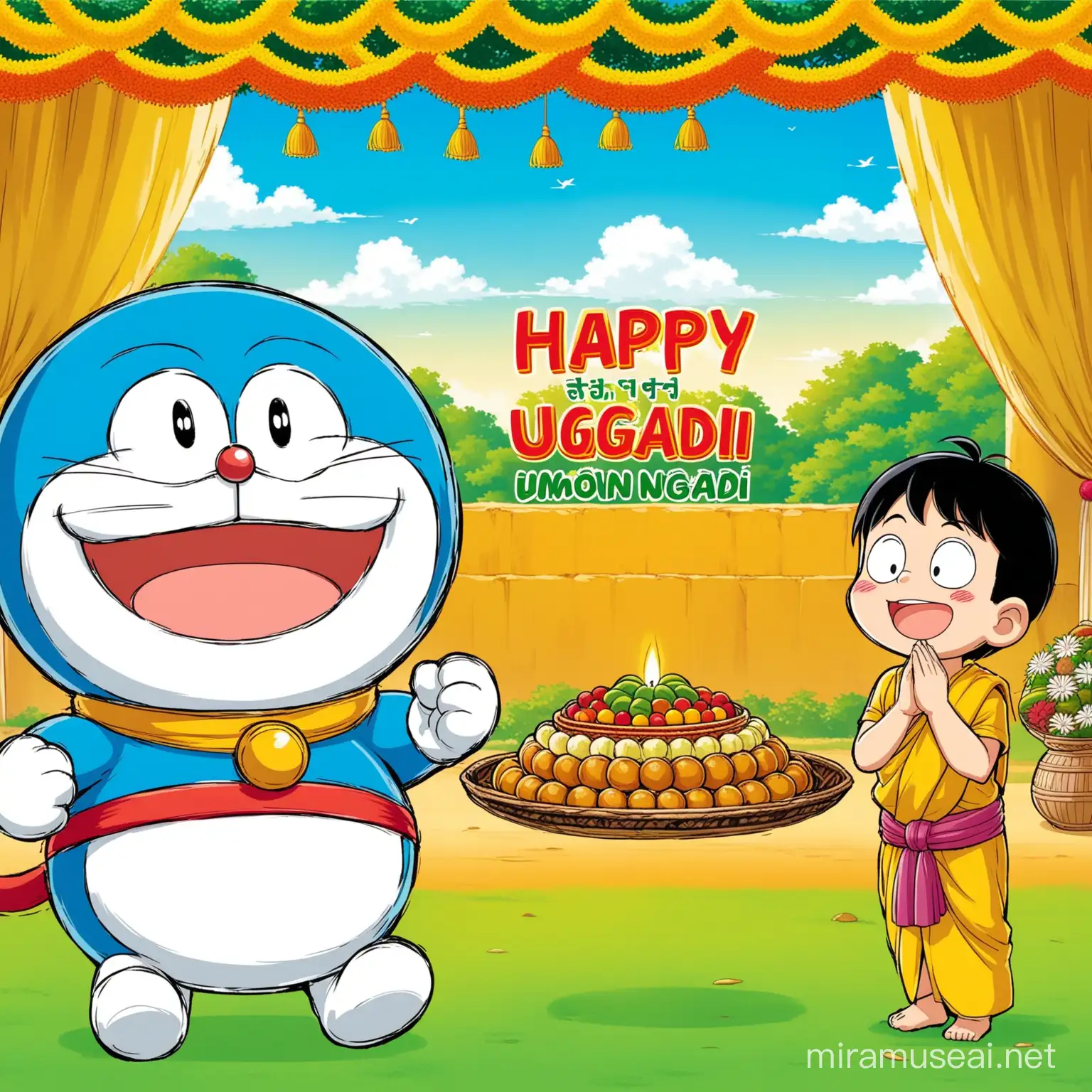 Doraemon with cute nobita saying "happy ugadi mohan "