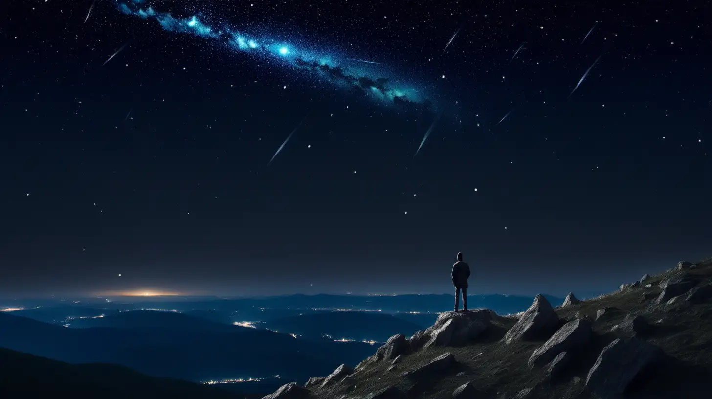 Solitary Figure Observing Majestic Meteor Shower from Mountain Summit