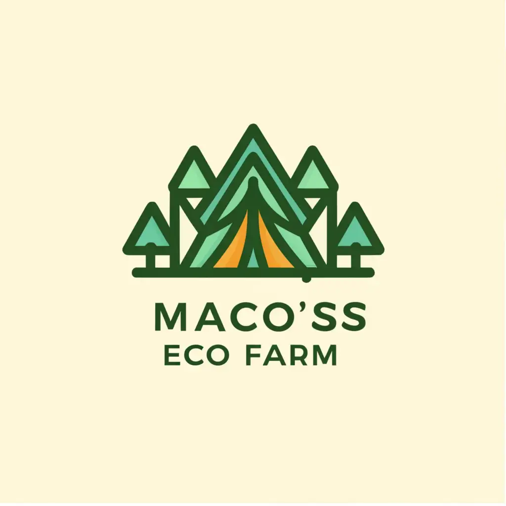 a logo design,with the text "maco's eco farm", main symbol:tents in the trees,Moderate,be used in Home Family industry,clear background