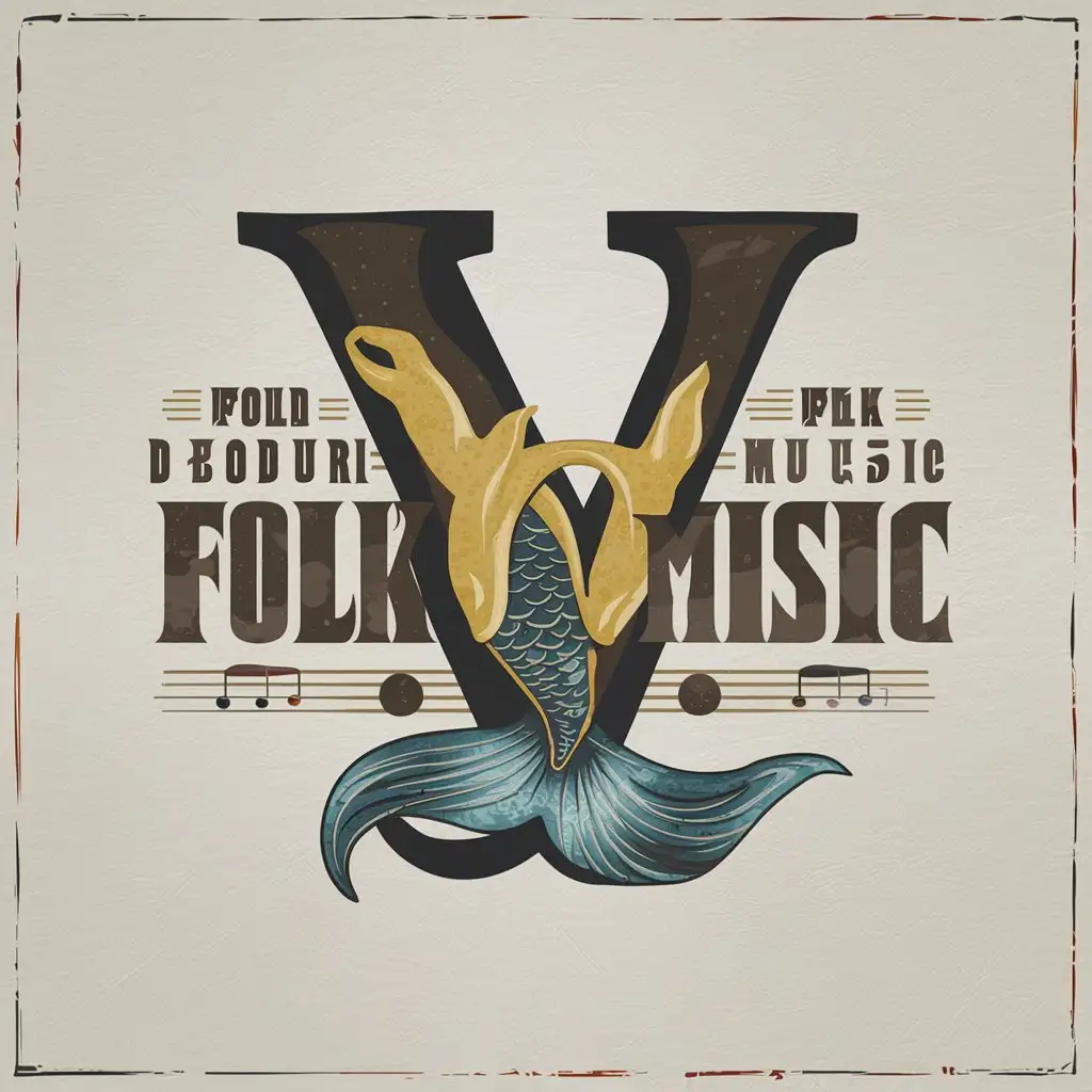 Create a captivating a vectorial logo design featuring the word " V " as the focal point . Pisces, mermaid tail. Bold typography, folk music, old colors.