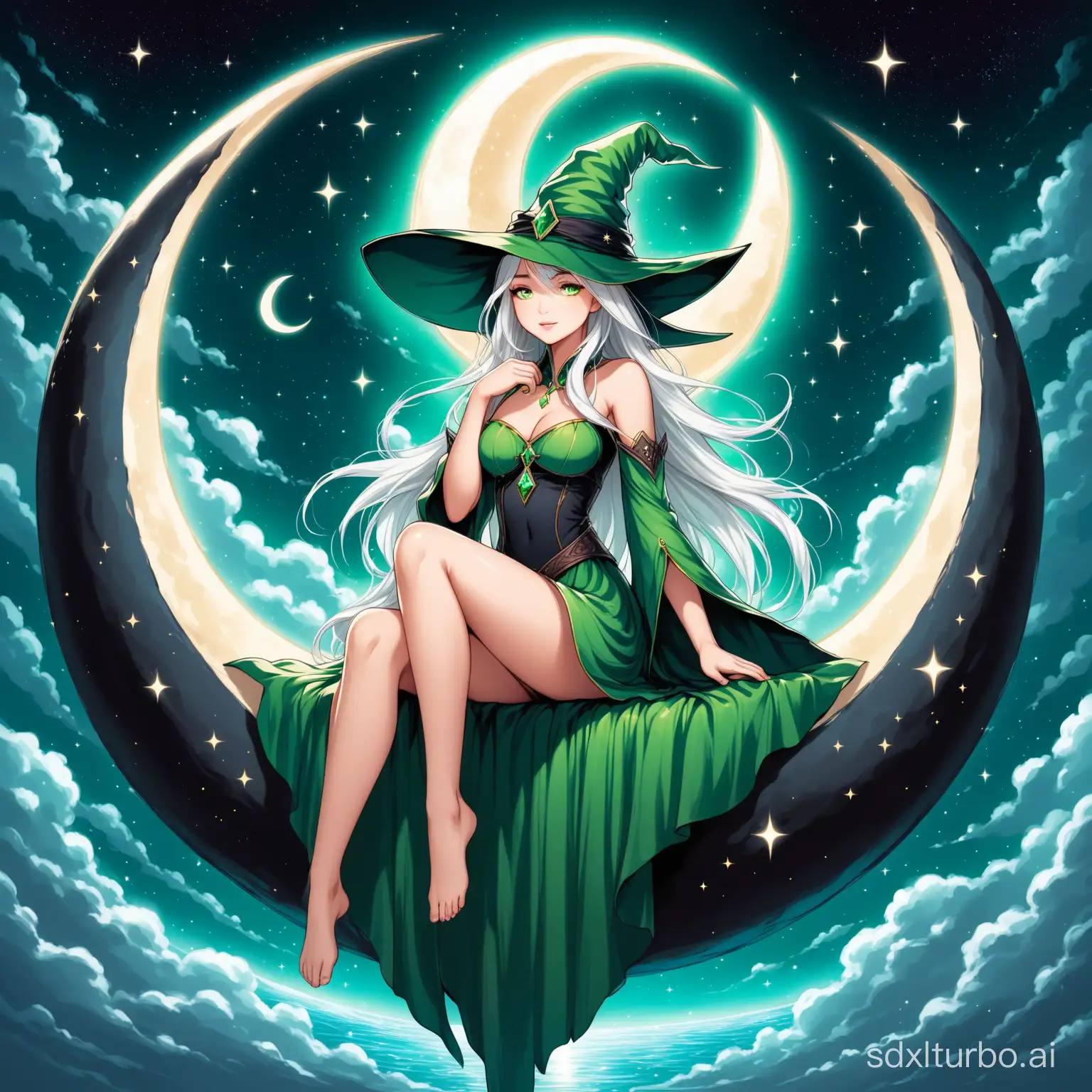 beautiful girl with  green witch hat and medium flowing  white hair, sitting inside the crest of the crescent moon, fantasy style