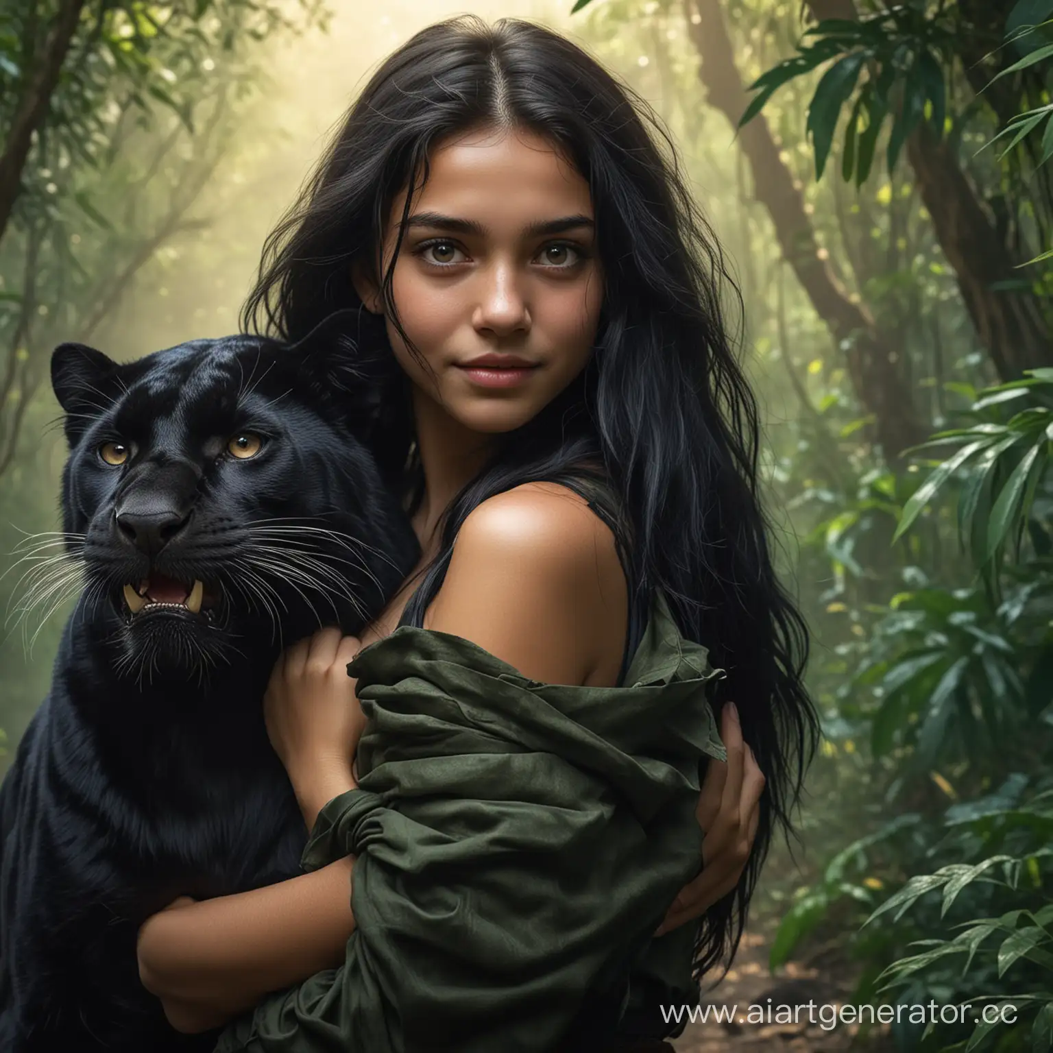 Russian-Girl-Embracing-Roaring-Panther-in-Amazon-Jungle