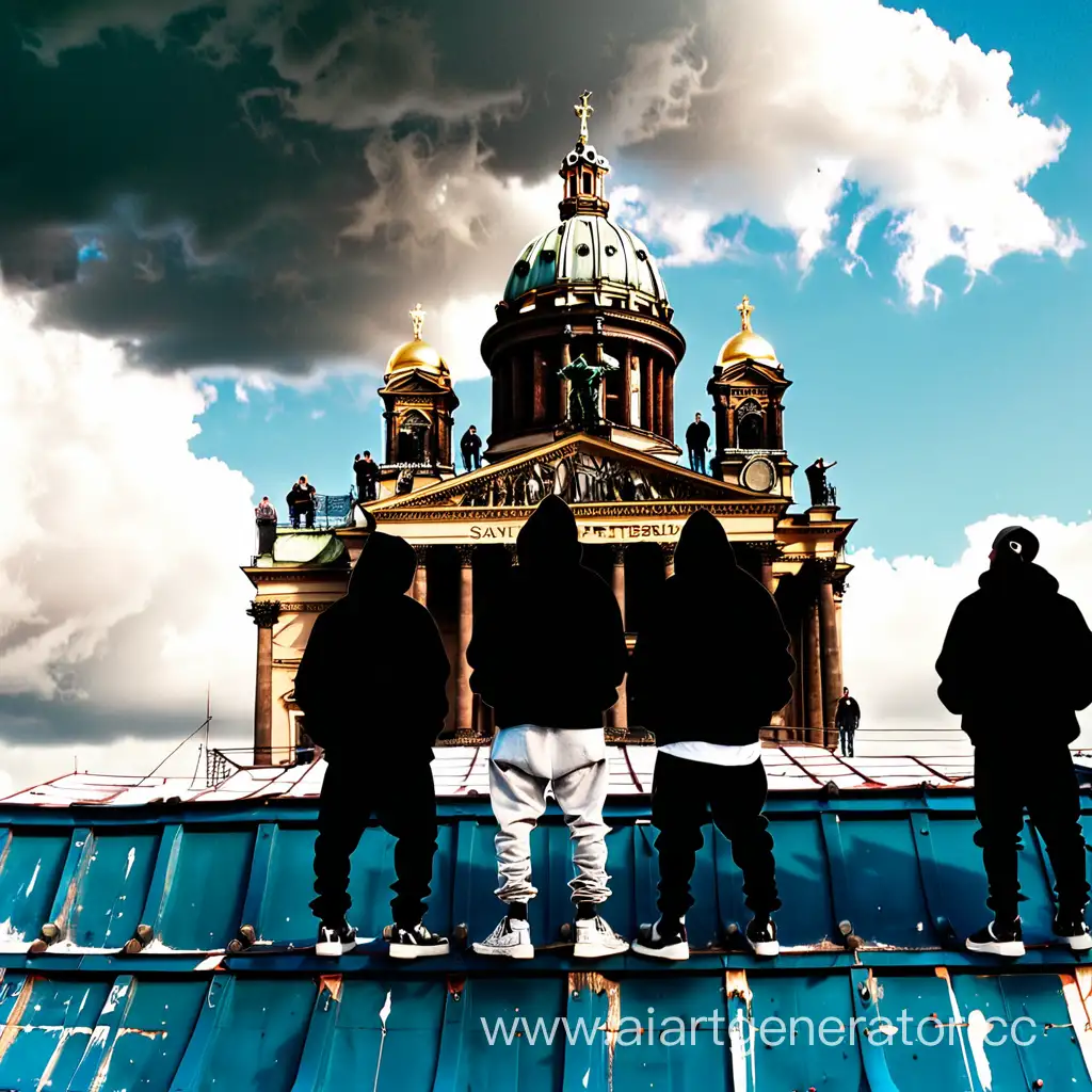 Санкт Петербург. На крышах хип хоп группа смотрит на исакевский собор