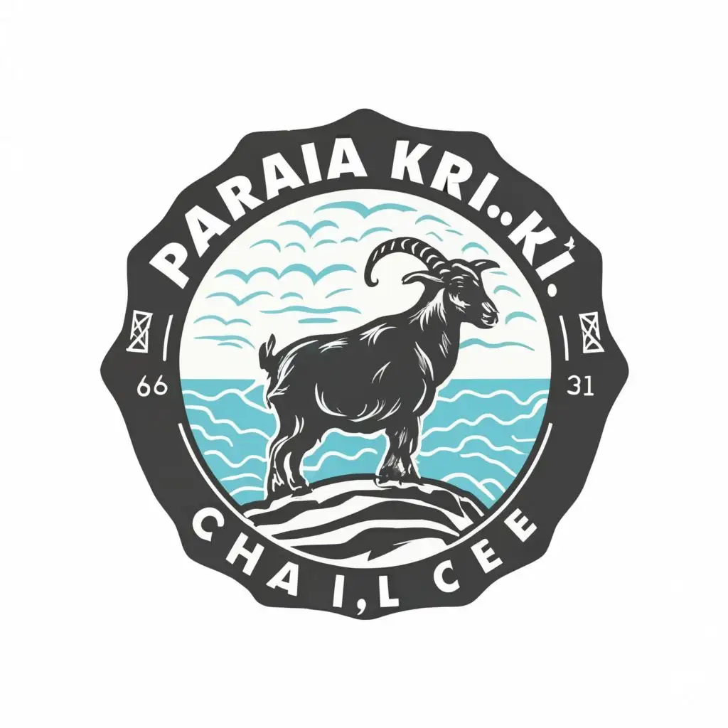 logo, Black and white majestic goat
standing on mountain overlooking ocean waves, with the text ""Paralia Kri-Kri" Chania, Crete", typography, be used in Retail industry