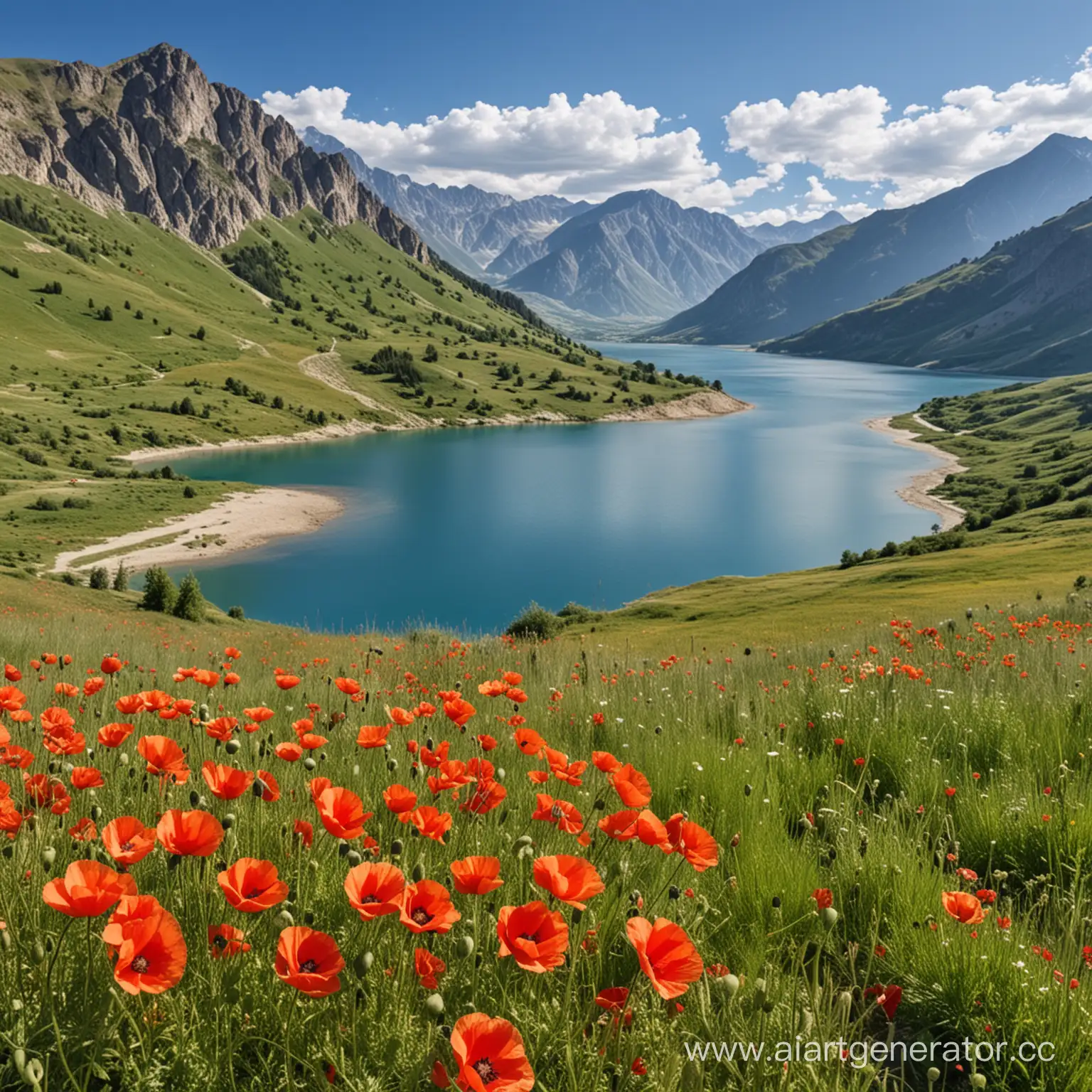 Summer-Mountain-Landscape-with-Red-Poppies-Meadow-and-Lake-View