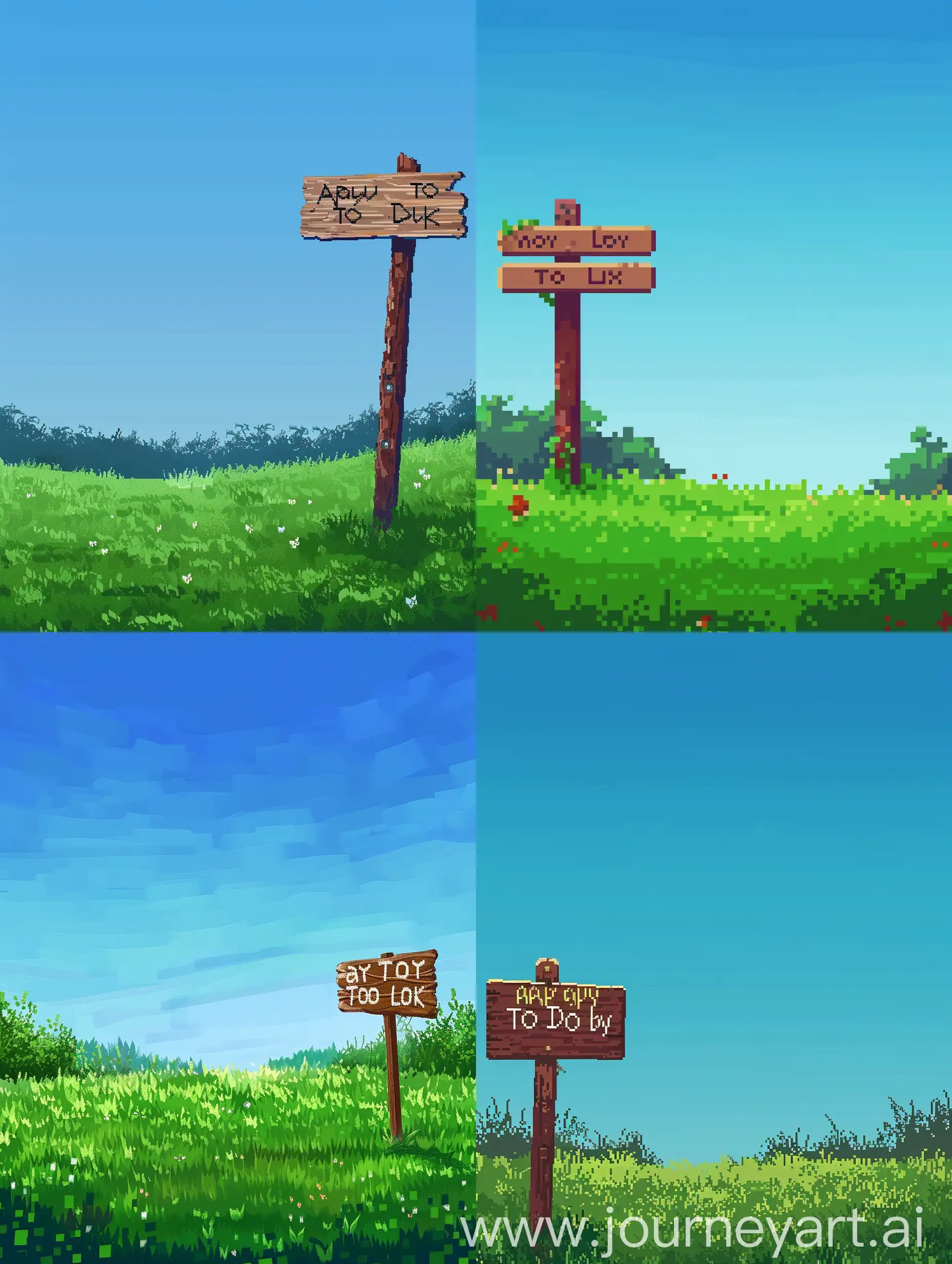 a green field, with clear blue sky, pixel style, has a wooden sign write: " April to do list", 16:9 ratio