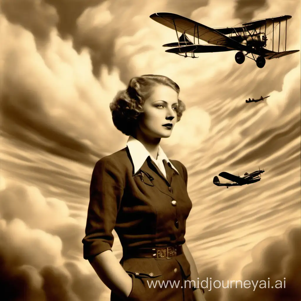 Sepia Portrait of Aviatrix Maryse Hilsz Against 1930s Sky with Airplane