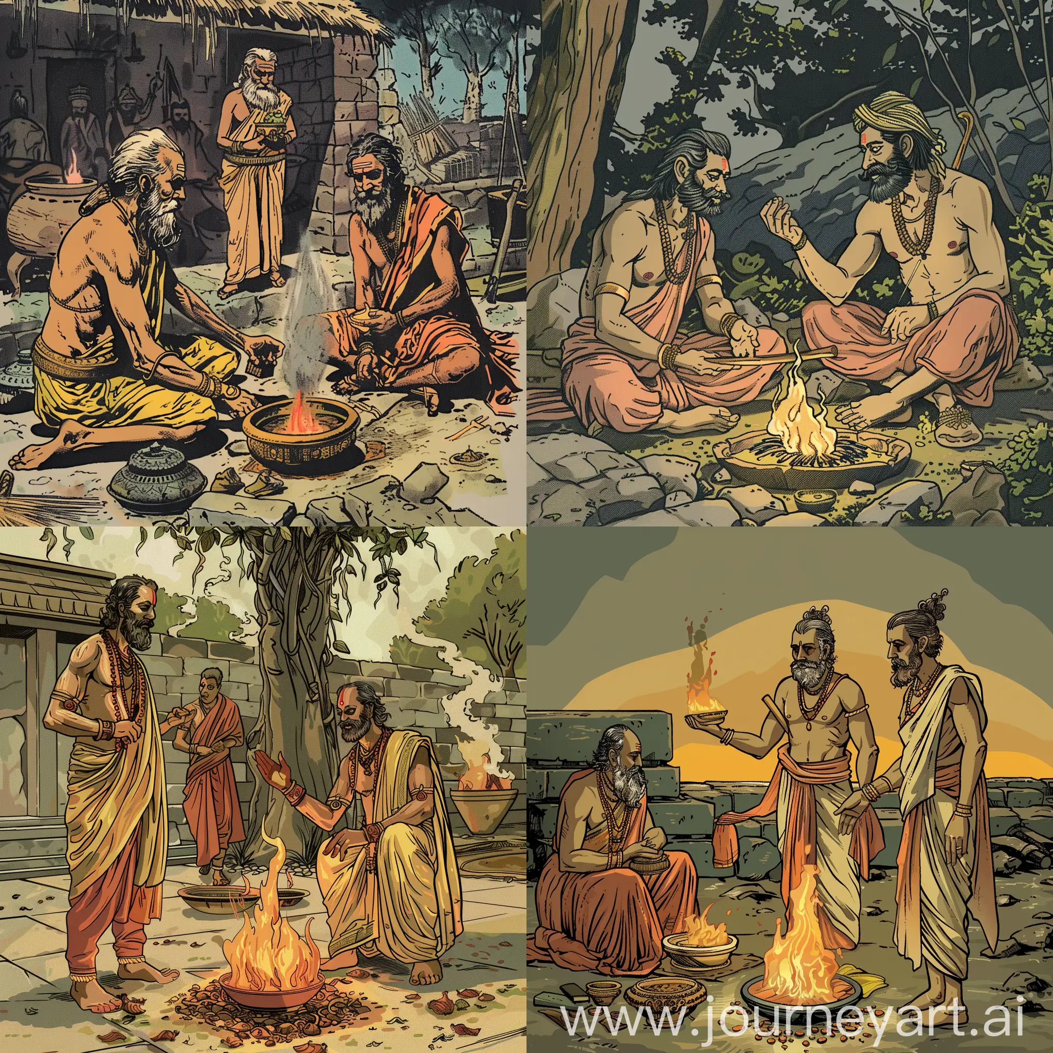 Vedic-Priests-Performing-Yajna-Vintage-Comic-Illustration