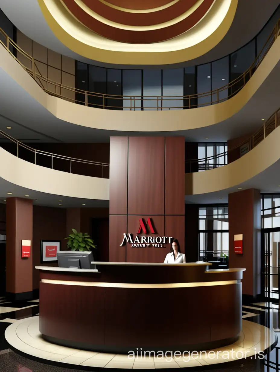 the reception desk at the Marriott hotel with an atrium on 3 floors, a lobby with a dark floor