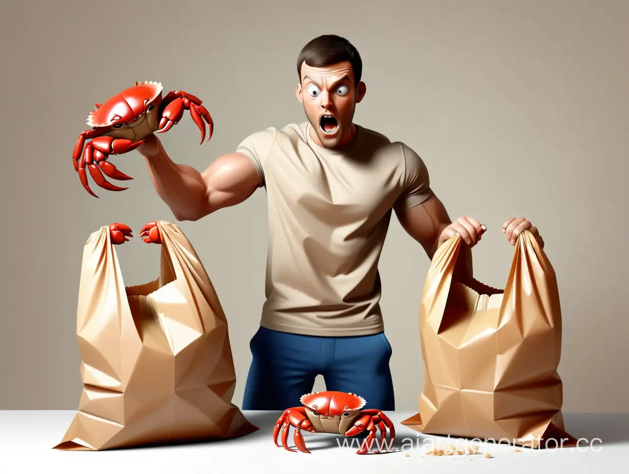 Draw an athletic man in a t-shirt trying to tear open a piece of beige plastic bag and next to the man are crabs